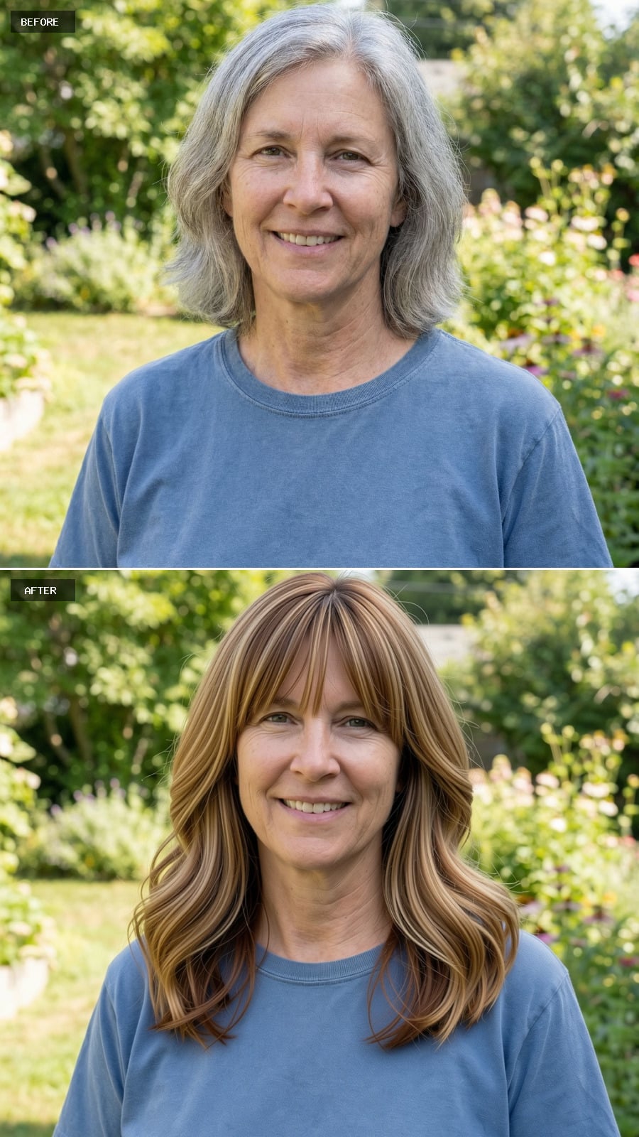 Medium-length Layered Cut With Long Fringe, Sandy Brown With Warm Highlights, Relaxed Everyday Elegance, Smiling 56-year-old Woman Outdoors