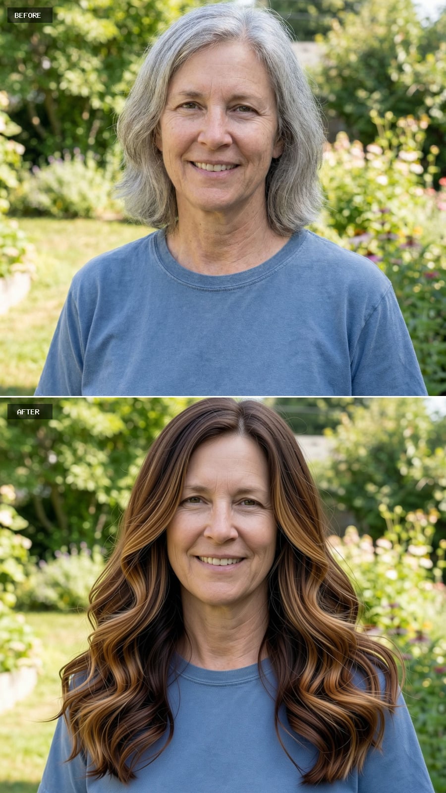 Long Elegant Haircut With Cascading Layers And Loose Waves, Natural Brunette Blended With Subtle Caramel Tones, Ultimate Makeover Look, Smiling 56-year-old Woman Outdoors