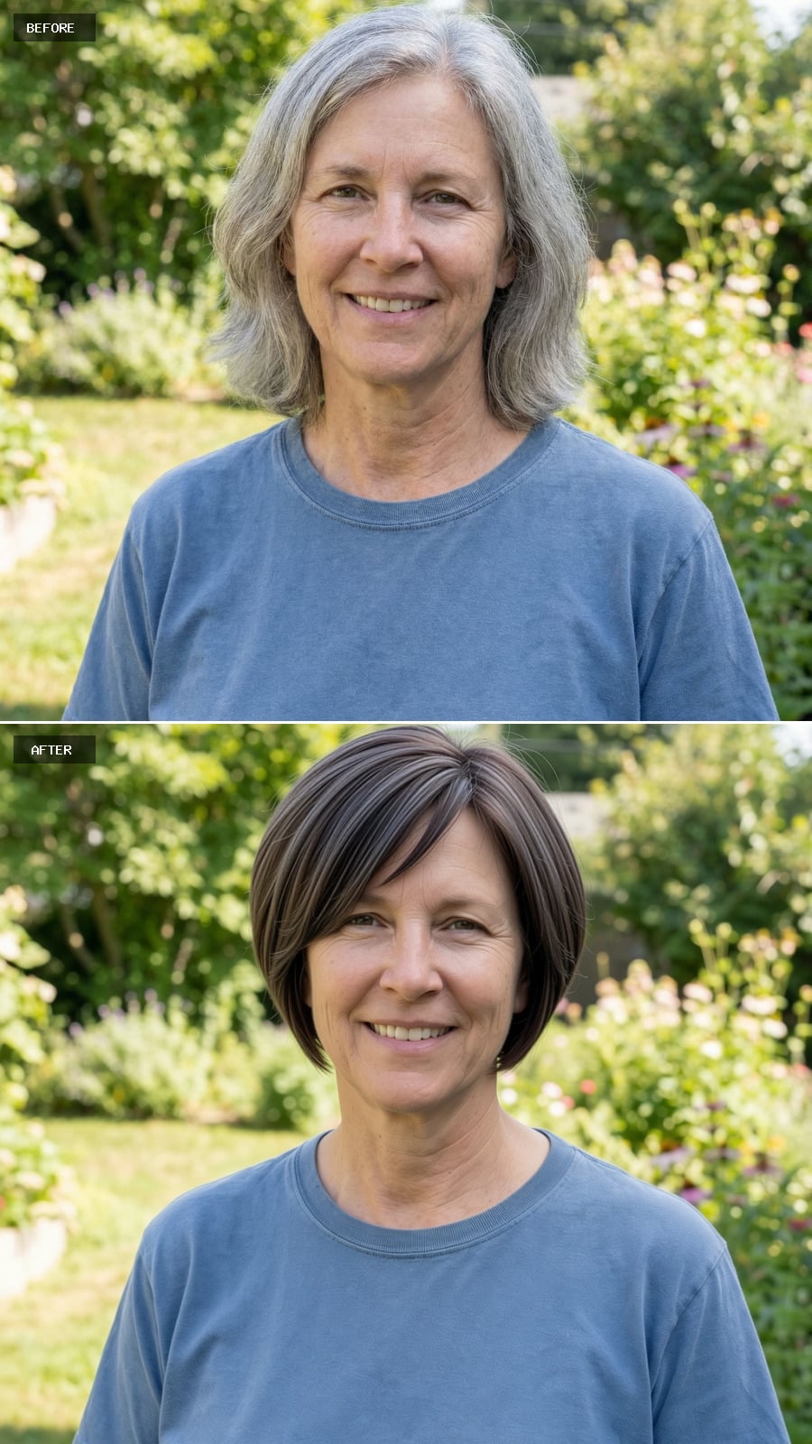 Short Tapered Crop With Soft Volume At The Crown, Cool Smoky Brunette Color, Lightly Textured Finish That Lifts The Face, Smiling 56-year-old Woman Outdoors