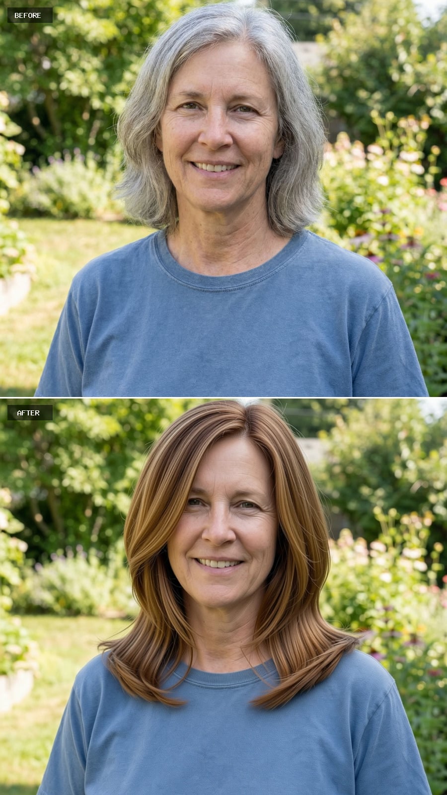 Jaw-length Asymmetrical Bob With Longer Front Pieces, Warm Toffee Brown Shade, Subtle Bend Through The Ends, Smiling 56-year-old Woman Outdoors