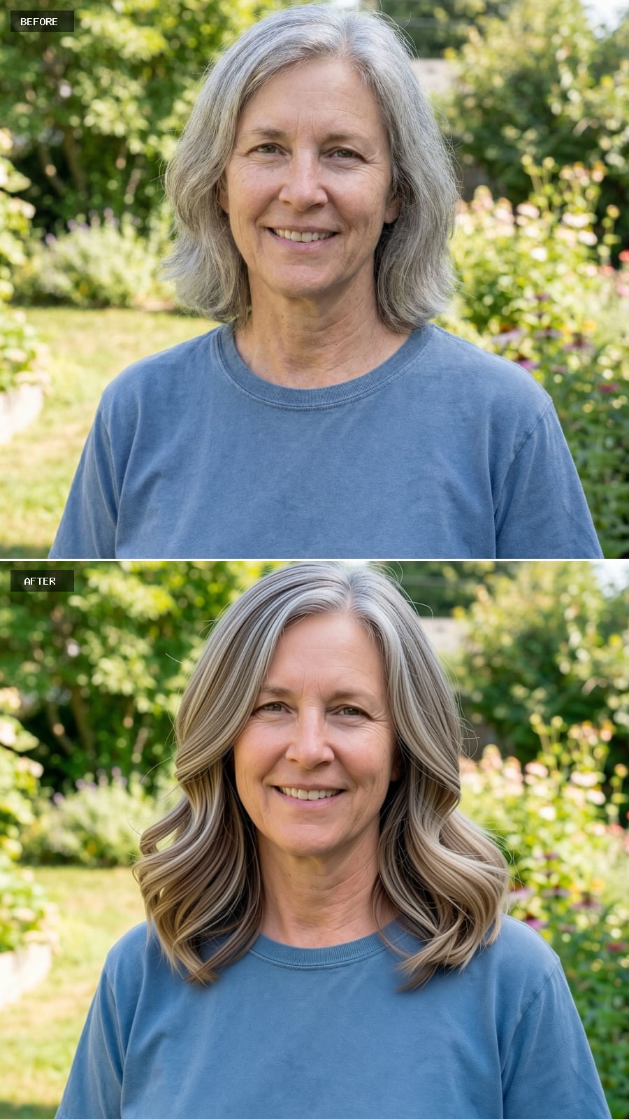 Shoulder-length Cut With Blended Layers And Soft Inward Curl, Neutral Beige-brown Color, Polished Yet Natural, Smiling 56-year-old Woman Outdoors