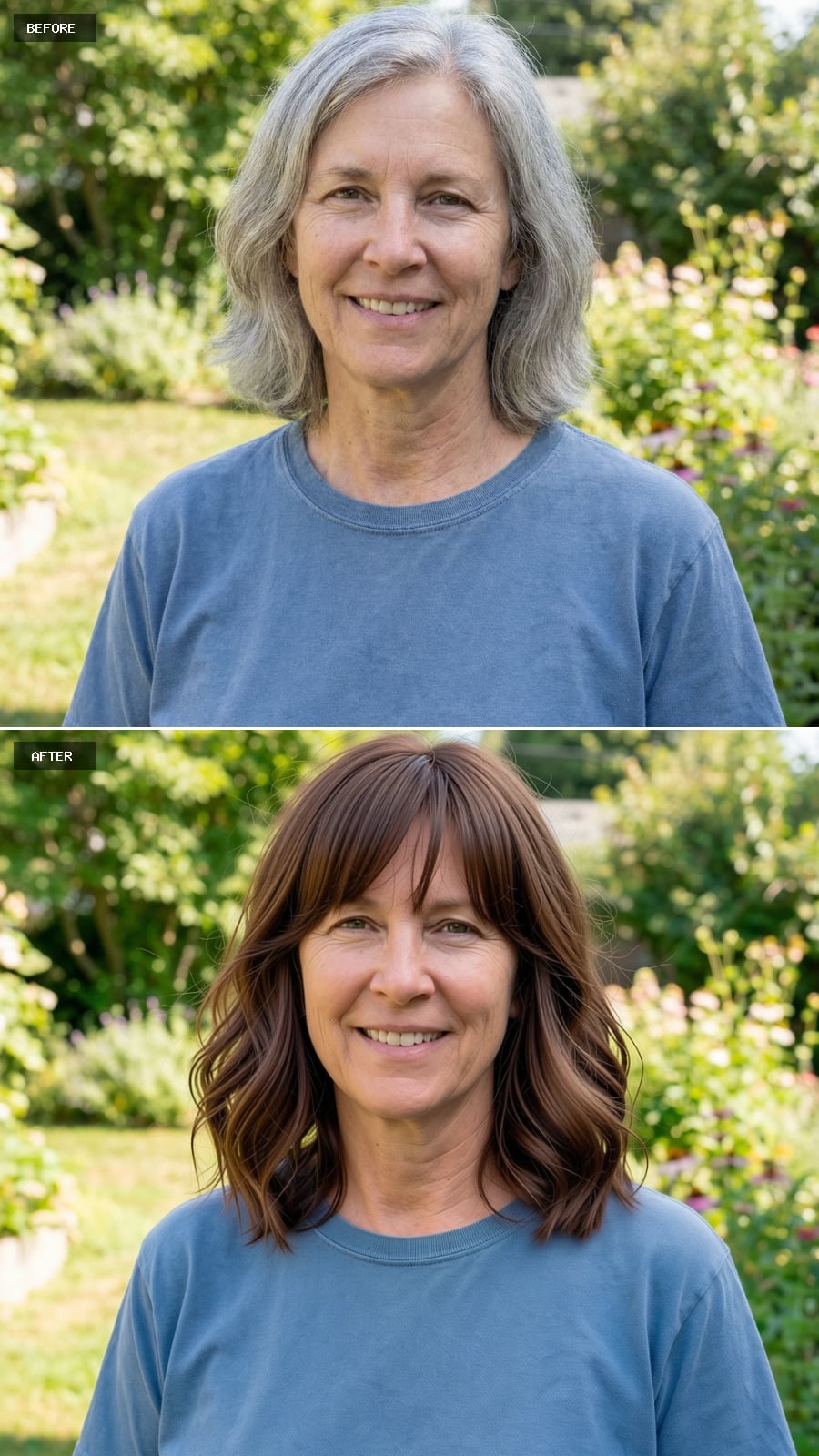 Mid-length Modern Shag With Wispy Bangs And Airy Texture, Soft Cocoa Brown Tone, Relaxed Youthful Movement, Smiling 56-year-old Woman Outdoors