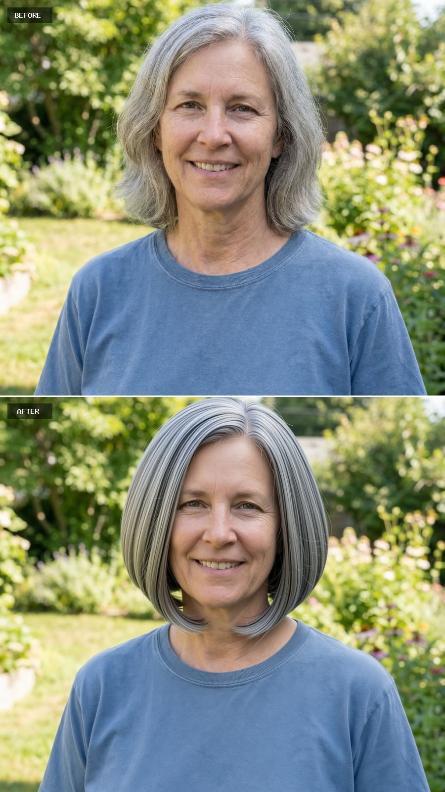 Classic Pageboy-inspired Bob With Rounded Shape, Glossy Salt-and-pepper Enhanced With Silver Sheen, Smooth But Not Stiff, Smiling 56-year-old Woman Outdoors