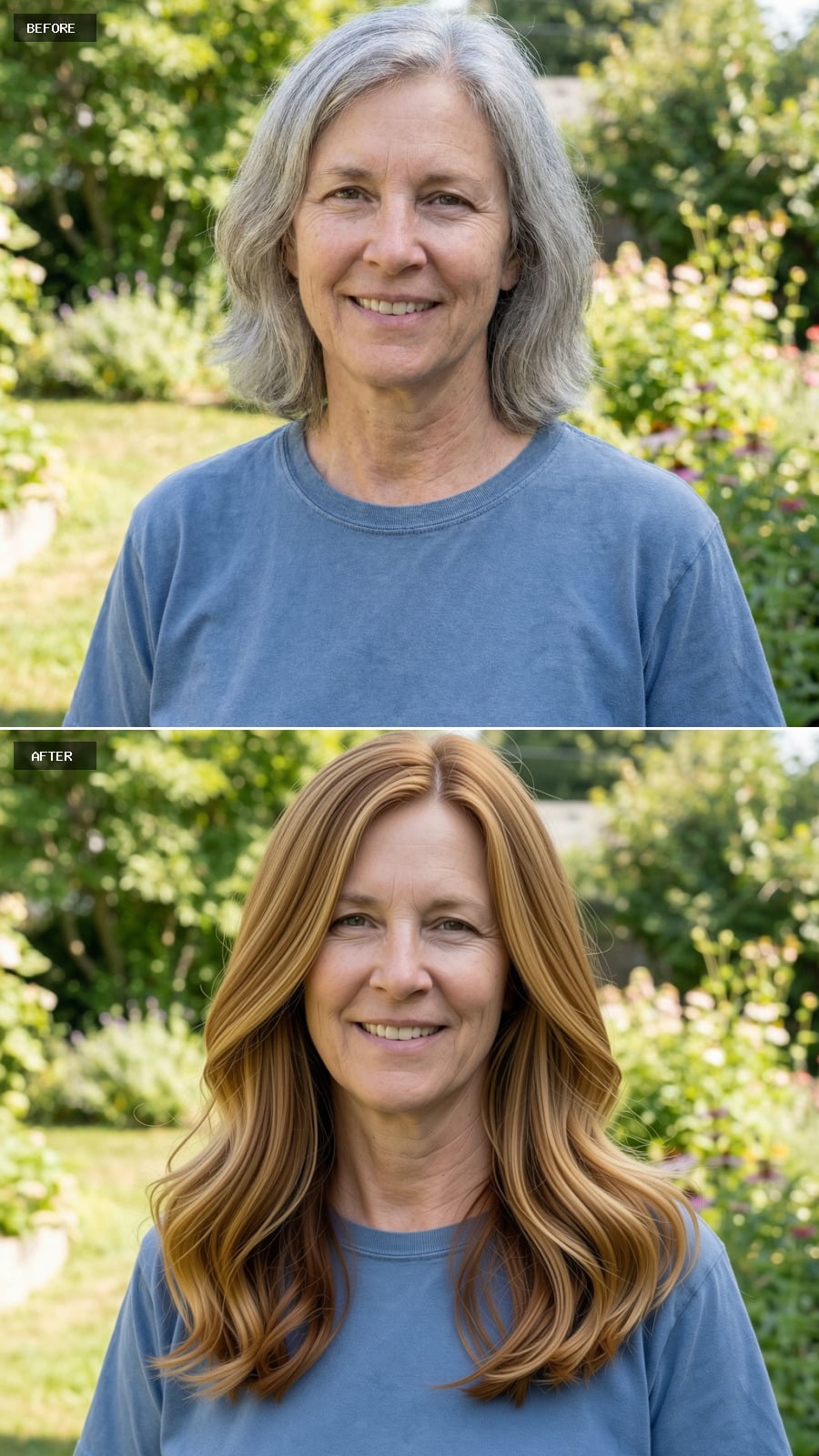 Long Collarbone-length Cut With Waterfall Layers, Warm Golden Brown Color, Loose Sunlit Waves, Smiling 56-year-old Woman Outdoors
