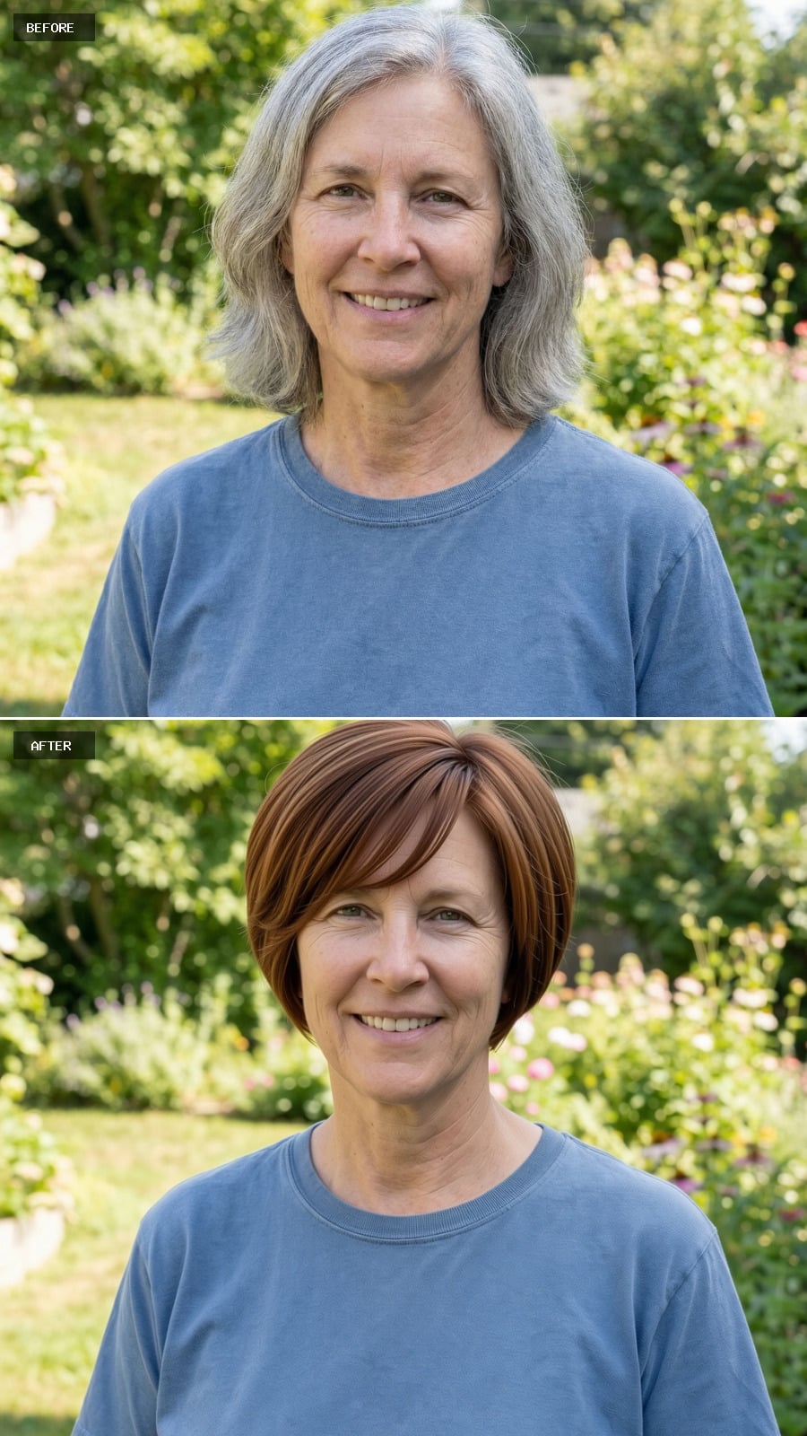 Short Feminine Pixie With Side-parted Fringe And Gentle Texture, Warm Chestnut Brown Shade, Fresh And Refined, Smiling 56-year-old Woman Outdoors