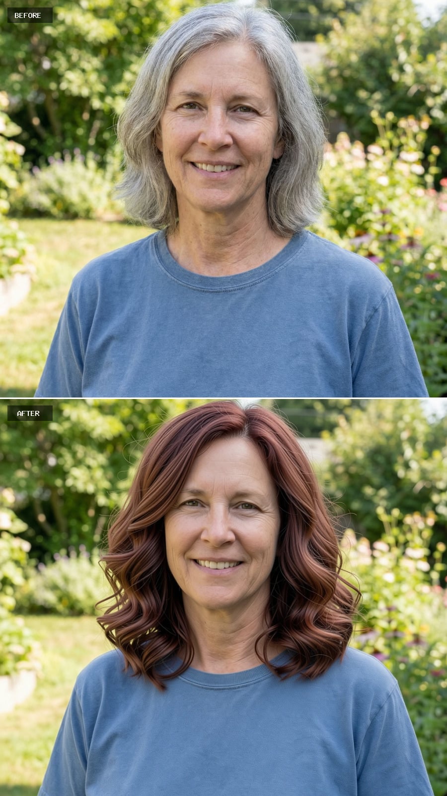 Medium-length Cut With Soft Curls Starting At The Cheekbones, Muted Auburn-brown Color, Fuller Silhouette, Smiling 56-year-old Woman Outdoors