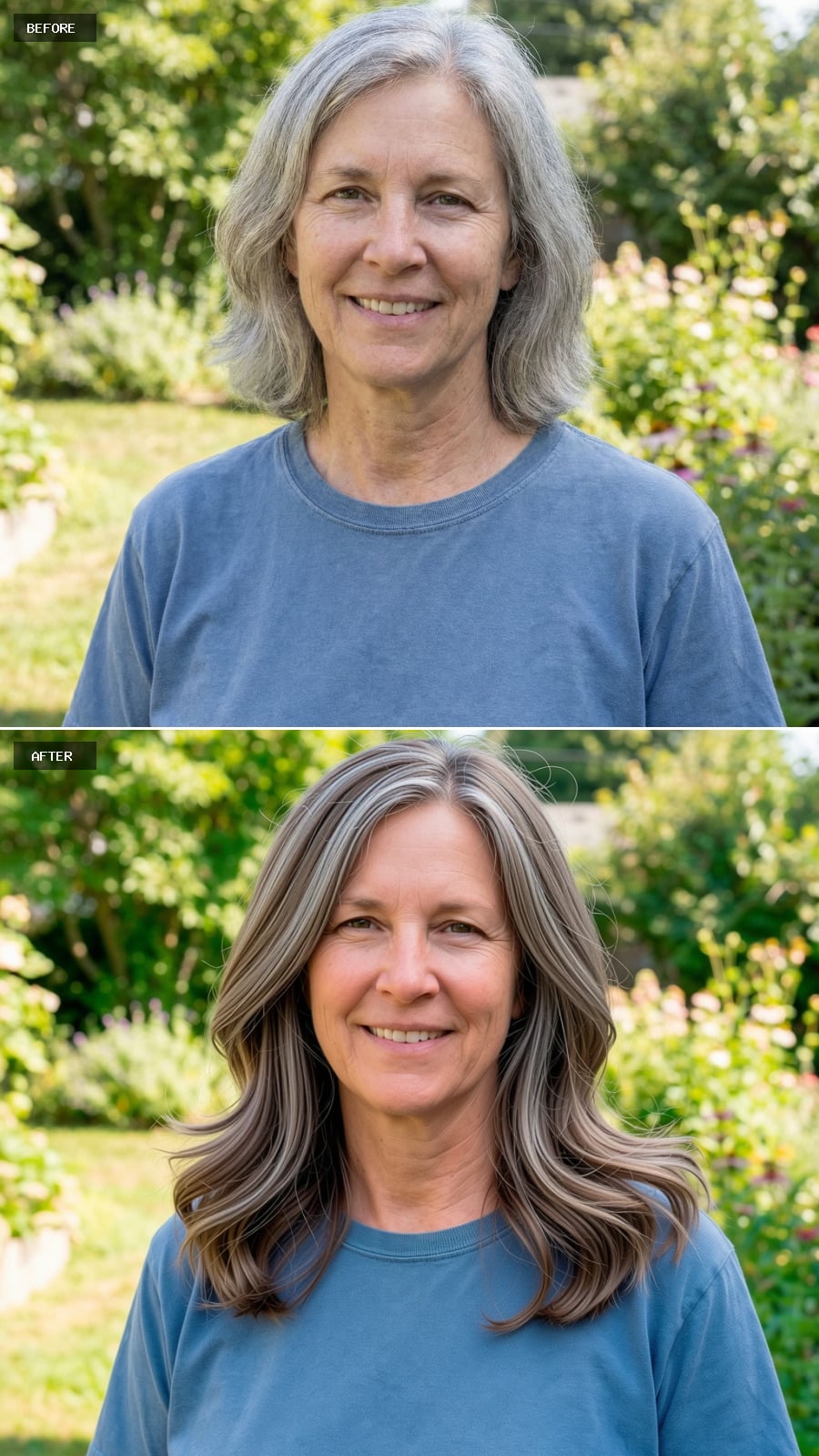 Shoulder-length Layered Cut With Airy Ends And Subtle Volume, Soft Taupe Brown Tone, Light Effortless Styling, Smiling 56-year-old Woman Outdoors
