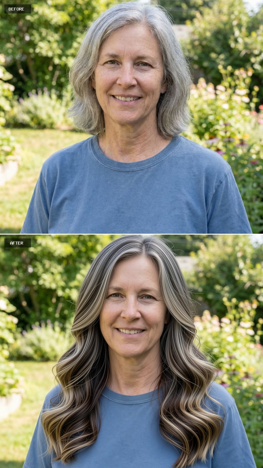 Long Brushed-out Waves With Blended Layers, Neutral Dark Blonde With Beige Undertones, Elegant And Natural, Smiling 56-year-old Woman Outdoors