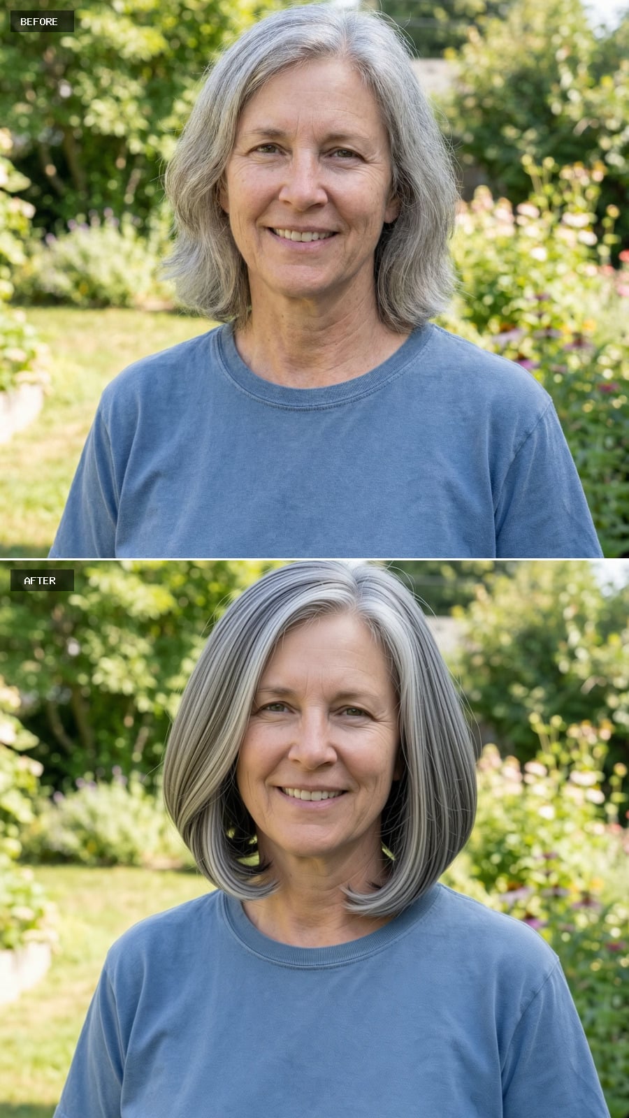 Rounded Bob Just Below The Chin With Tucked-under Ends, Warm Gray Blended With Pearl Highlights, Sophisticated Finish, Smiling 56-year-old Woman Outdoors