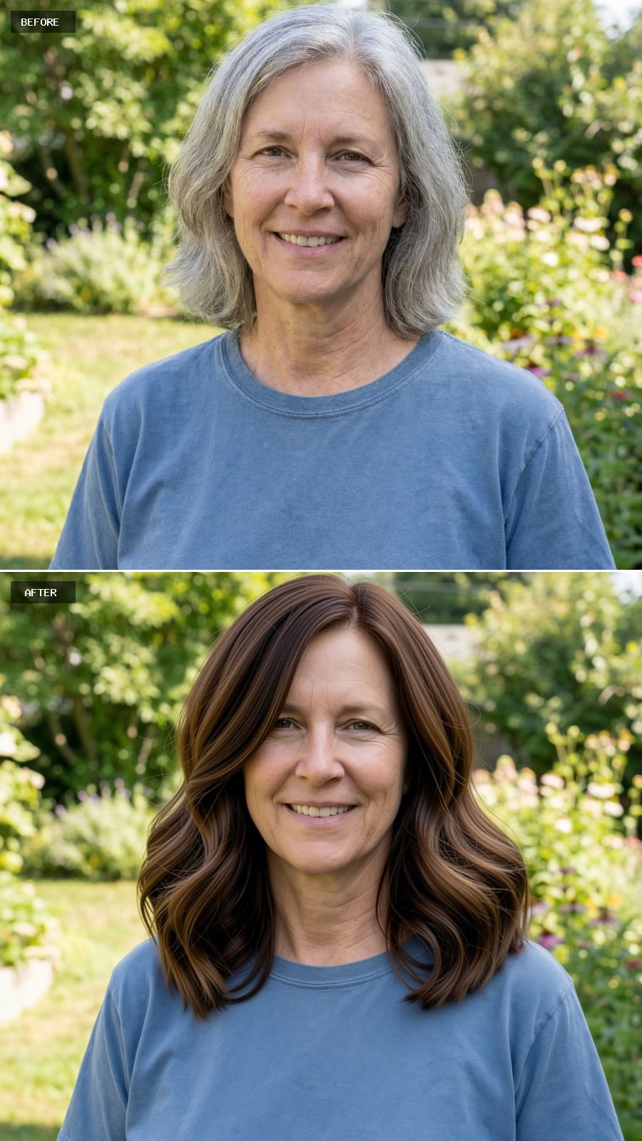 Mid-length Cut With Deep Side Part And Sculpted Waves, Rich Mocha Brown Shade, Refined Makeover Feel, Smiling 56-year-old Woman Outdoors