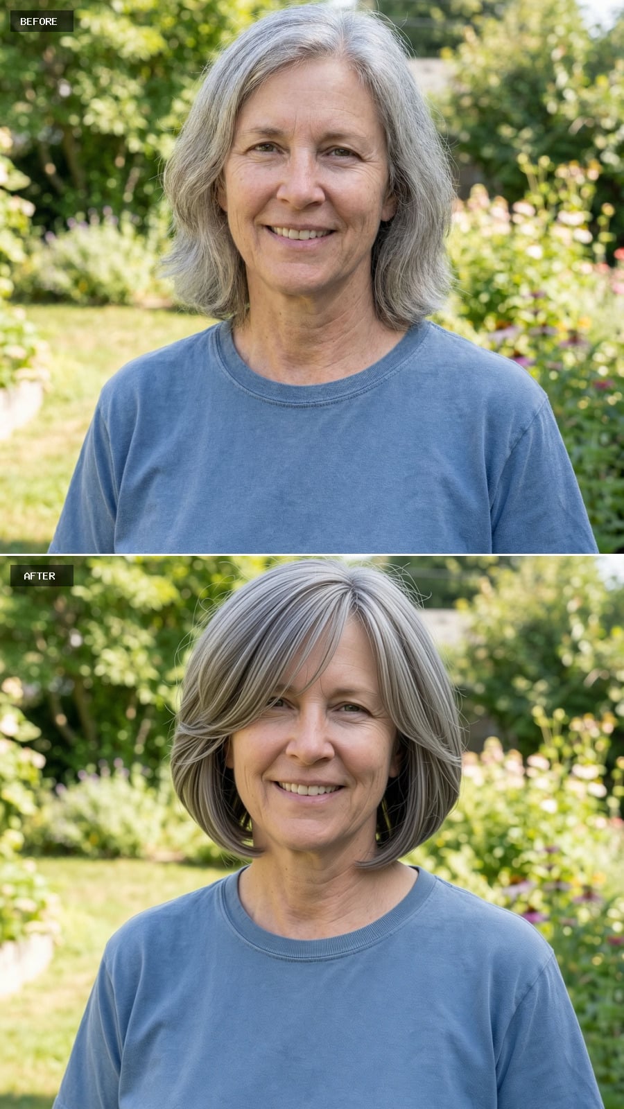 Short Layered Bob With Feathered Crown And Soft Movement, Light Ash-brown Color, Flattering Lift And Shape, Smiling 56-year-old Woman Outdoors