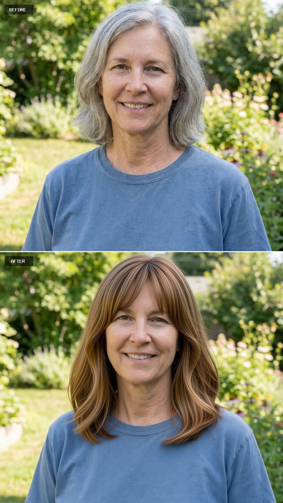 Collarbone-length Cut With Soft Face-framing Fringe, Honeyed Brunette Tone, Gentle Texture And Flow, Smiling 56-year-old Woman Outdoors
