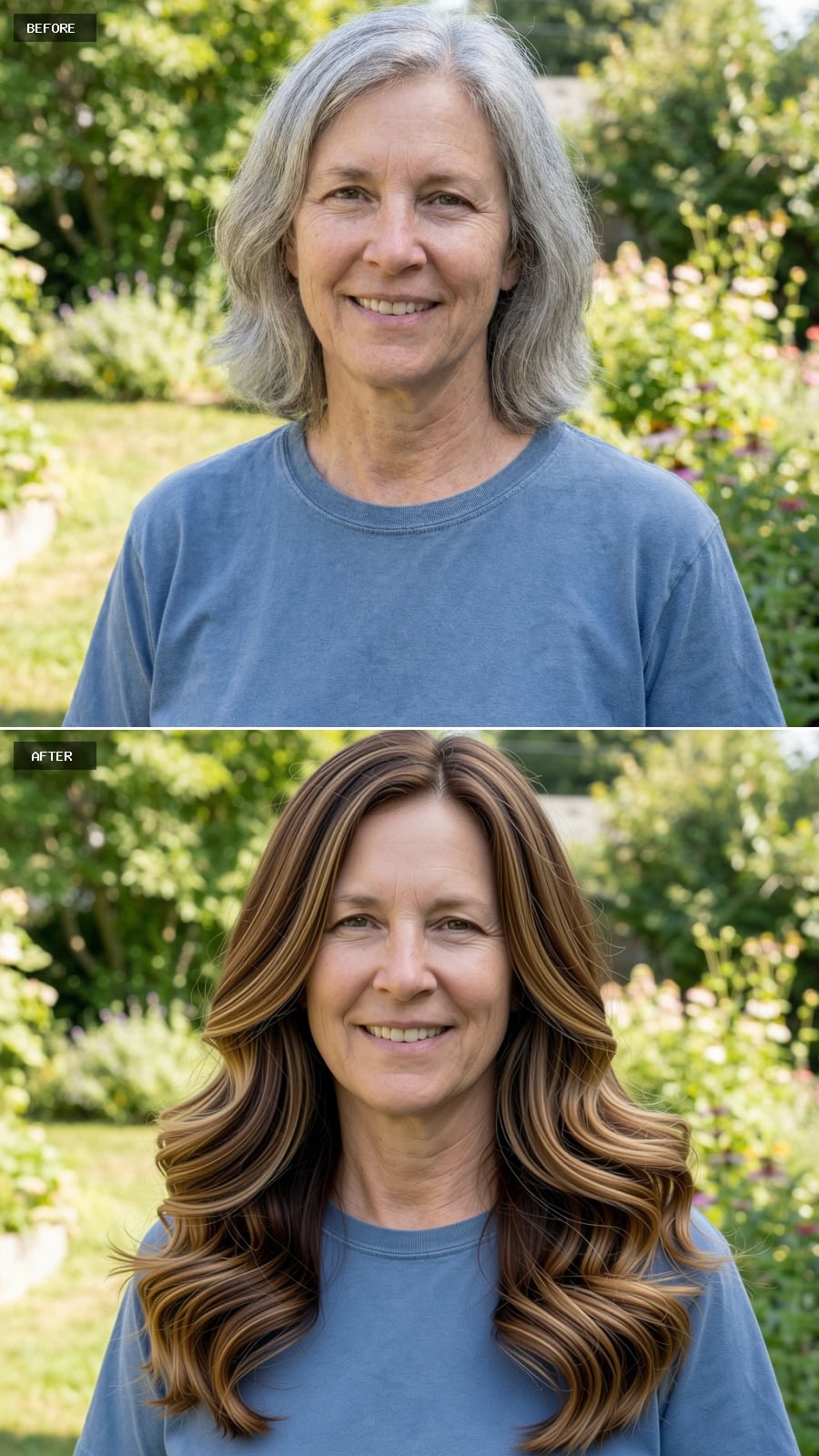 Long Elegant Cut With Subtle Layering And Loose Curls Through The Ends, Warm Brunette With Faint Golden Dimension, Natural Luxury Makeover, Smiling 56-year-old Woman Outdoors