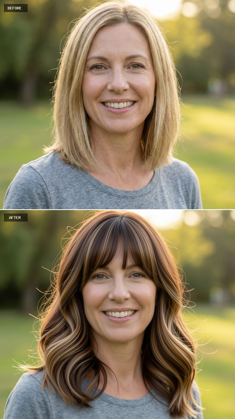 Shoulder-length Cut With Curtain Bangs And Light Layering, Soft Brunette Base With Caramel Balayage, Loose Bend Waves