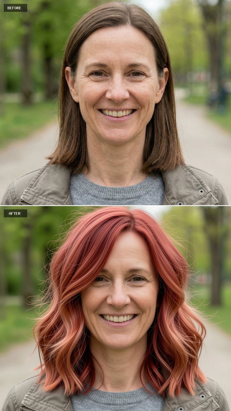 Soft Shag-inspired Shoulder-length Cut, Warm Strawberry-auburn Tone, Wispy Layers And Lived-in Texture