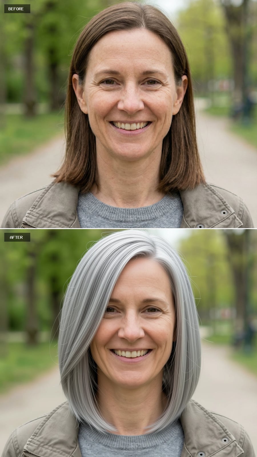 Shoulder-length Cut With A Strong Side Part And No Bangs, Cool Ash-blonde Tone, Sleek Blowout With Ends Turned Slightly Inward