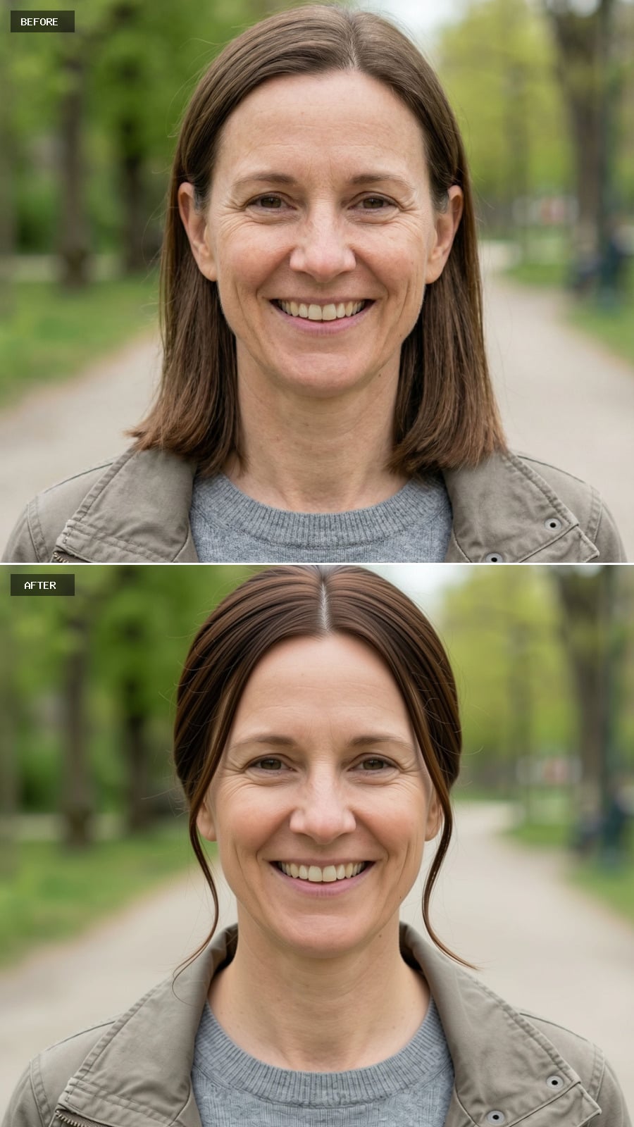 Classic Low Chignon Upstyle With A Clean Center Part, Rich Medium Brunette Color, Minimal And Timeless With Soft Face-framing Strands