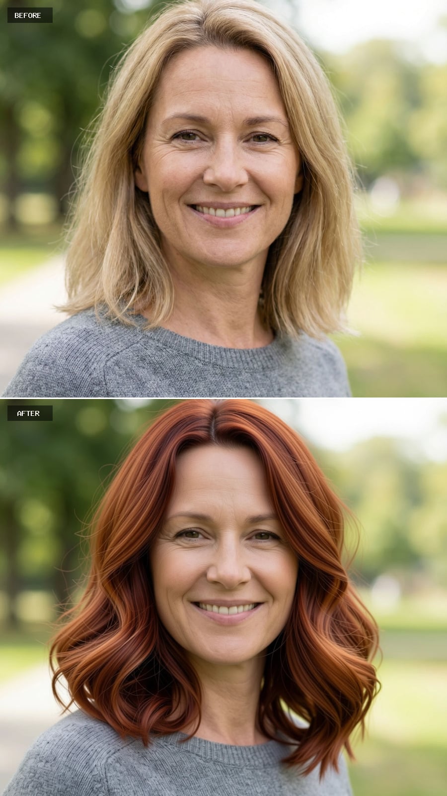 Mid-length Layered Cut Falling Just Past The Shoulders, Warm Auburn Color, Soft Waves Adding Movement And Fullness