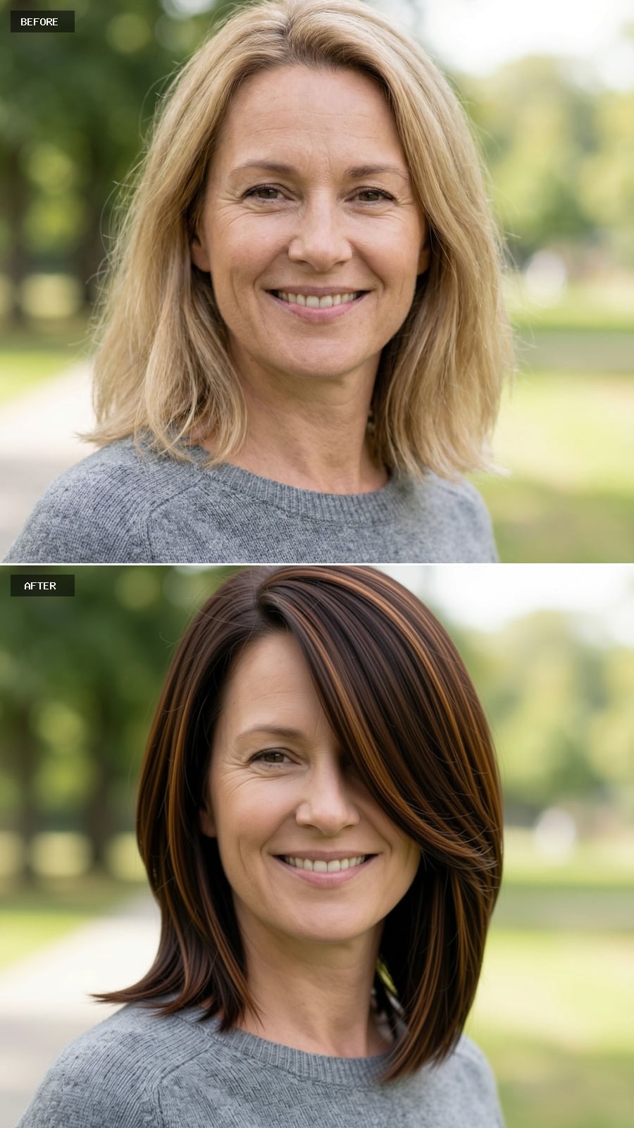 Mid-length Cut With A Deep Side Part, Medium Brunette With Subtle Caramel Highlights, Smooth Polished Blowout