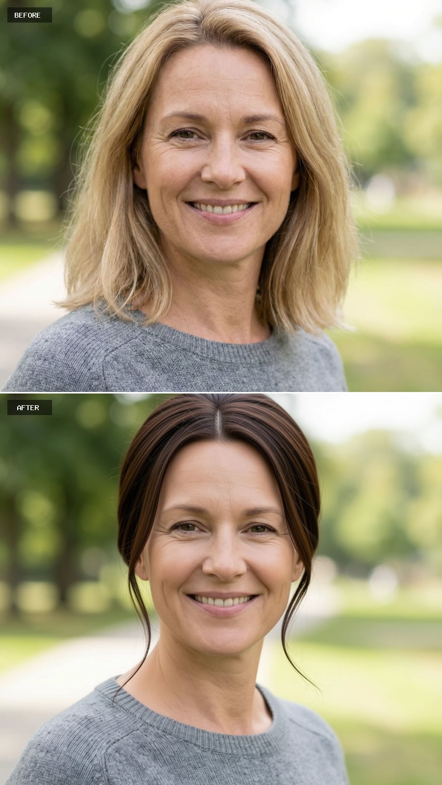 Classic Low Chignon Upstyle With A Clean Center Part, Rich Medium Brunette Color, Minimal And Timeless With Soft Face-framing Strands