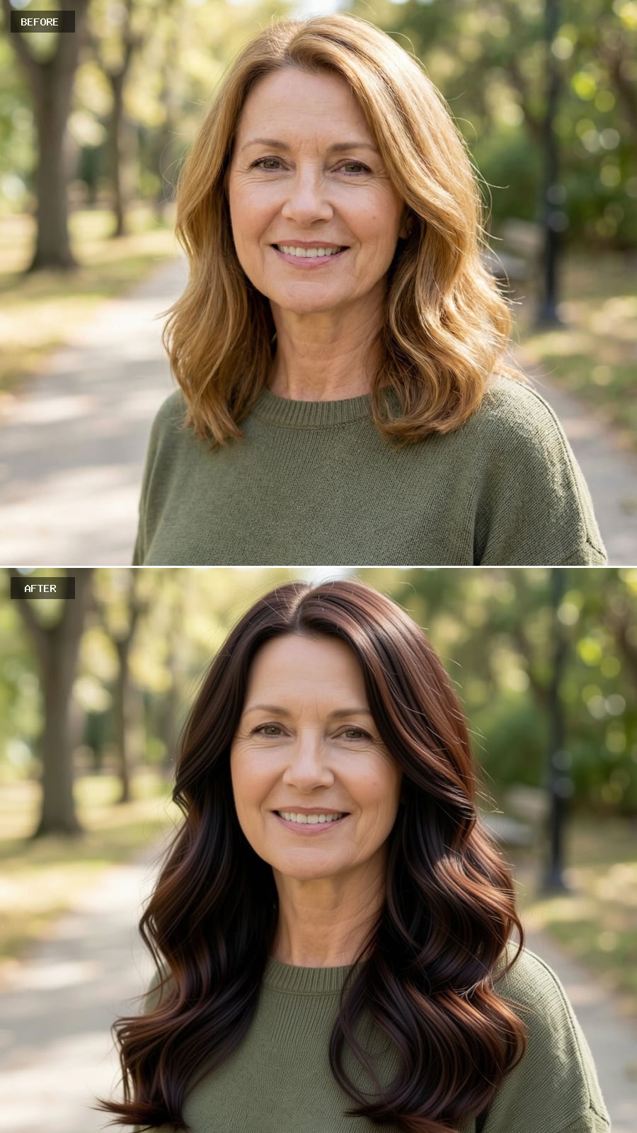 Long Layered Cut Reaching The Upper Chest, Rich Brunette Color, Loose Flowing Waves With A Natural Shine