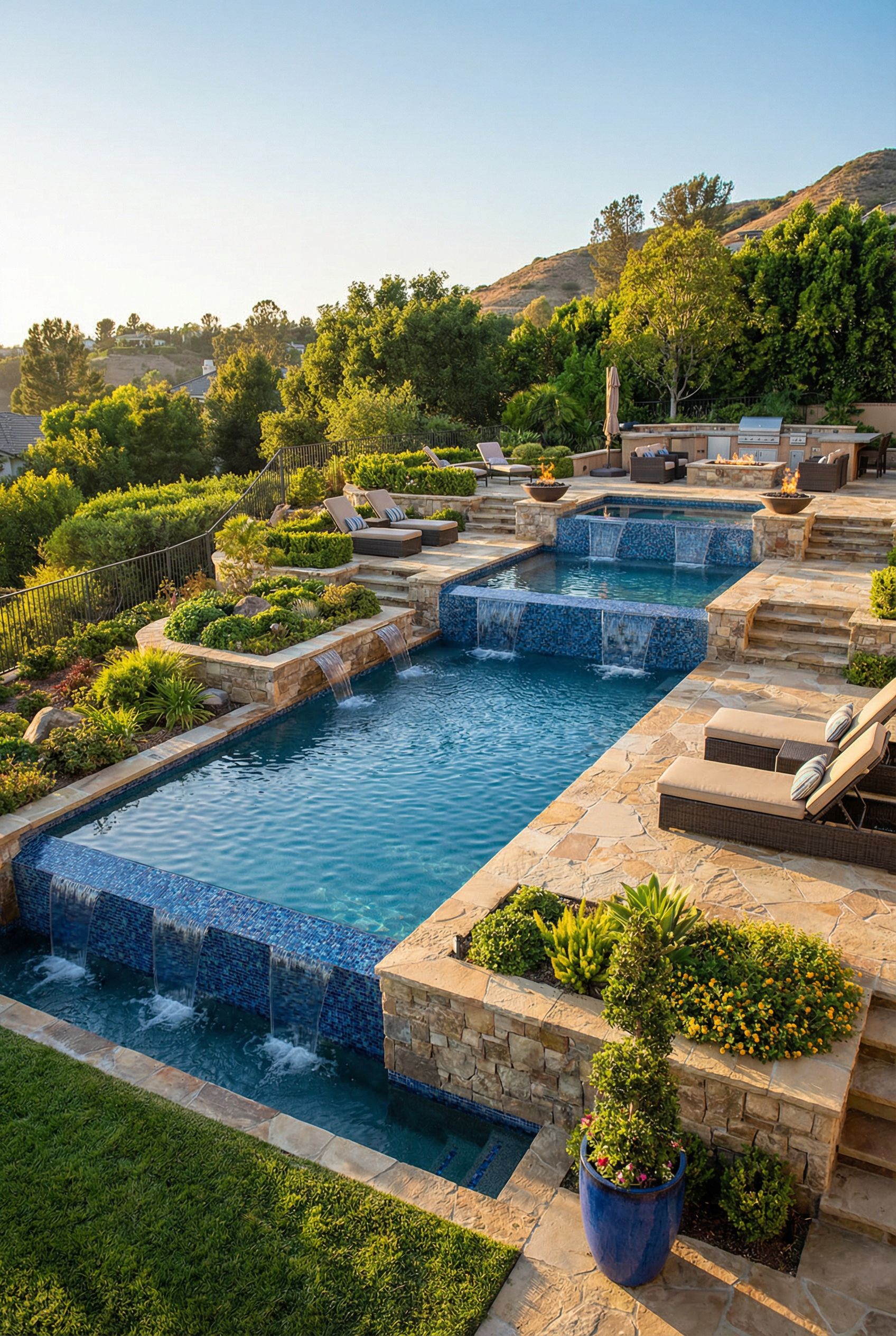 Hillside Luxury Backyard Pool with Waterfalls
