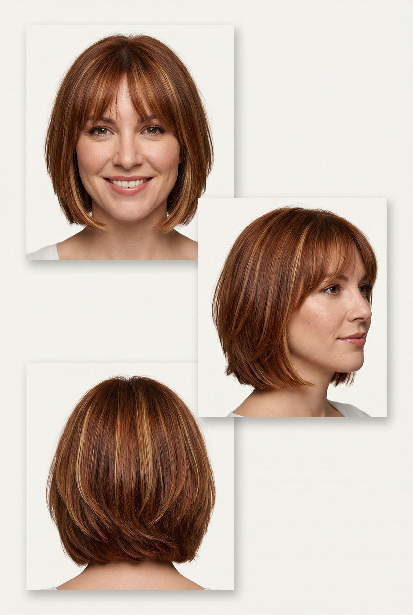Layered Bob with Curtain Bangs and Face-Framing Highlights
