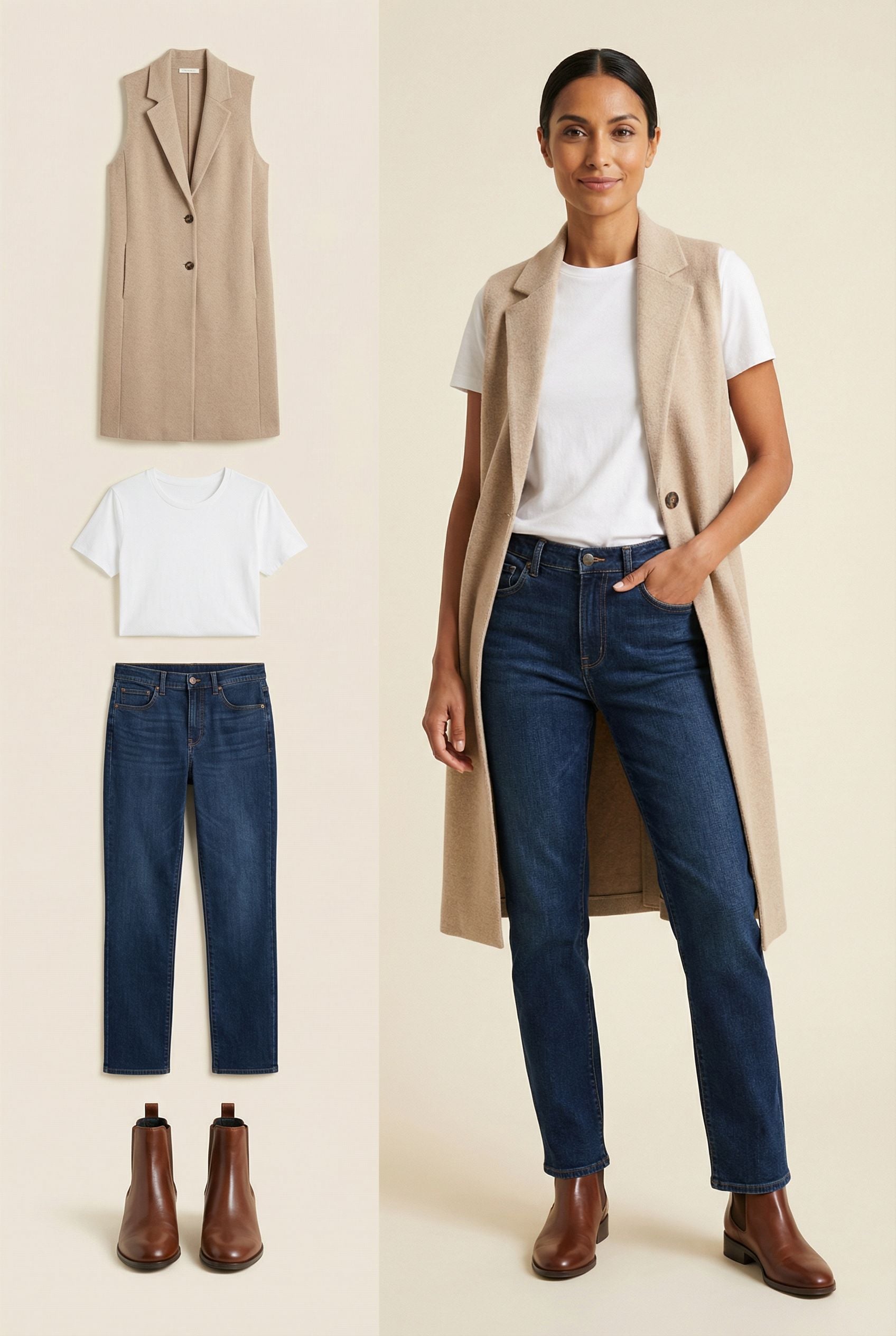 Layered Look with Long Vest Over Tee and Straight Leg Jeans