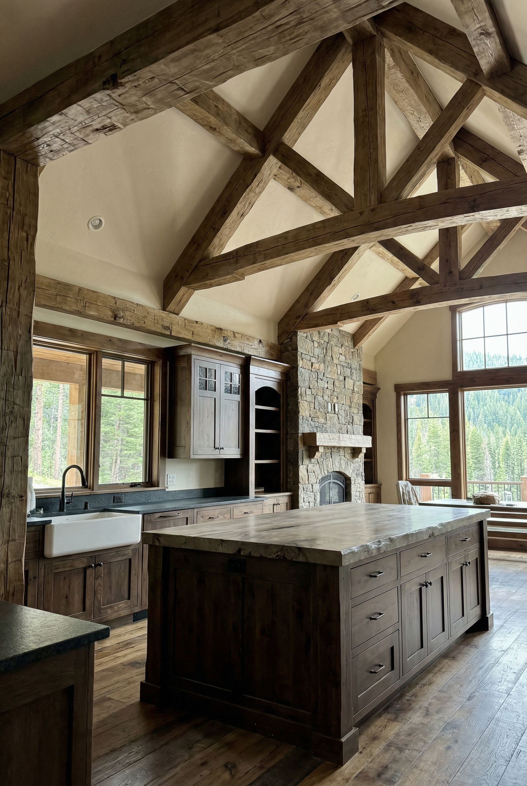 Luxury Chalet Kitchen with Cathedral Ceiling Timber Framing