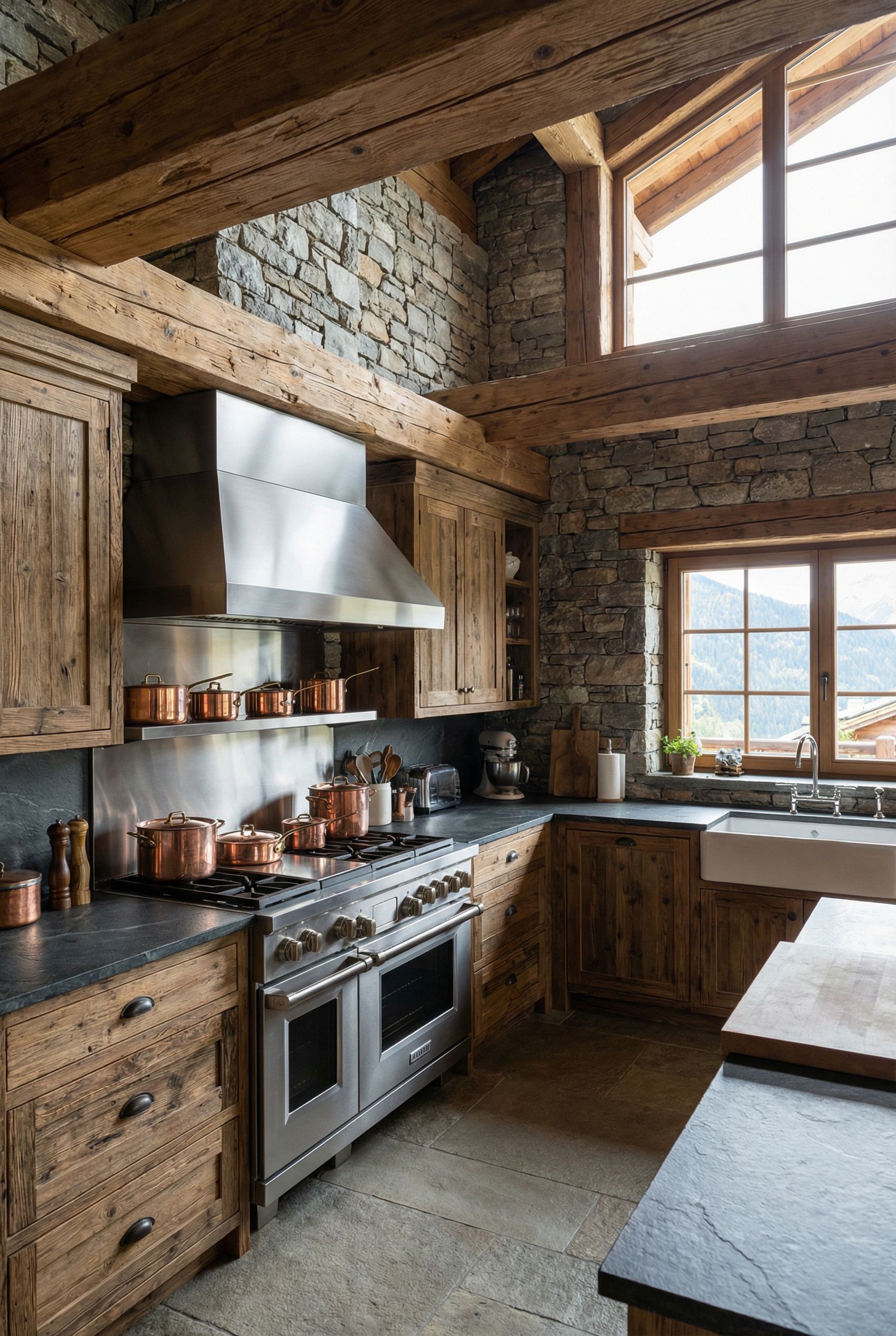 Luxury Chalet-Style Rustic Kitchen with Professional Appliances