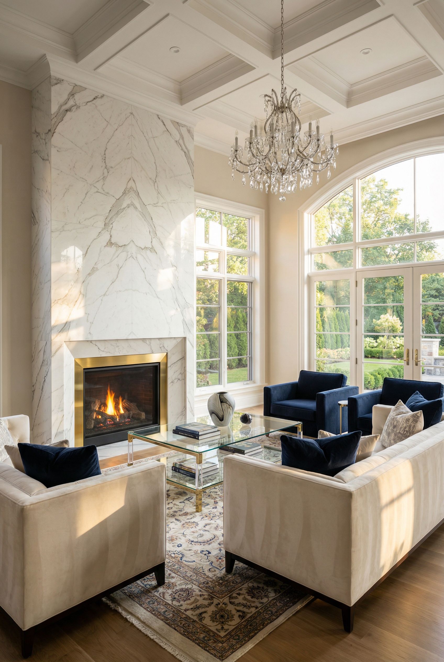 Luxury Living Room Design Featuring Marble Fireplace