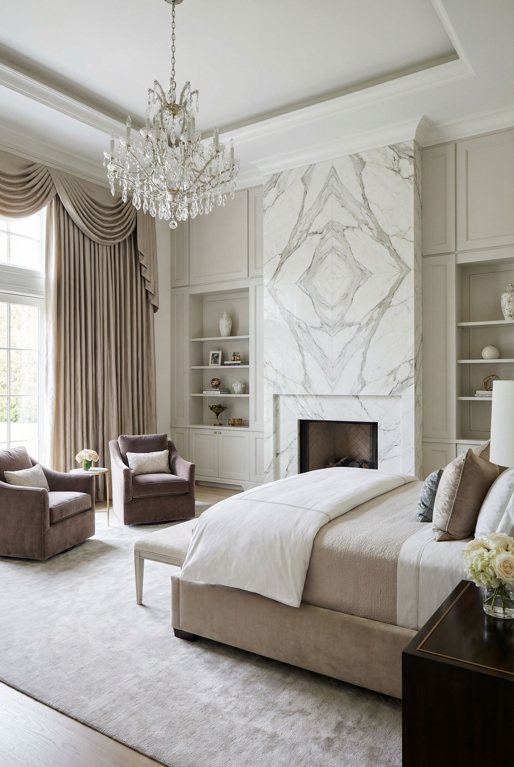 Luxury Primary Bedroom Featuring Italian Marble Fireplace