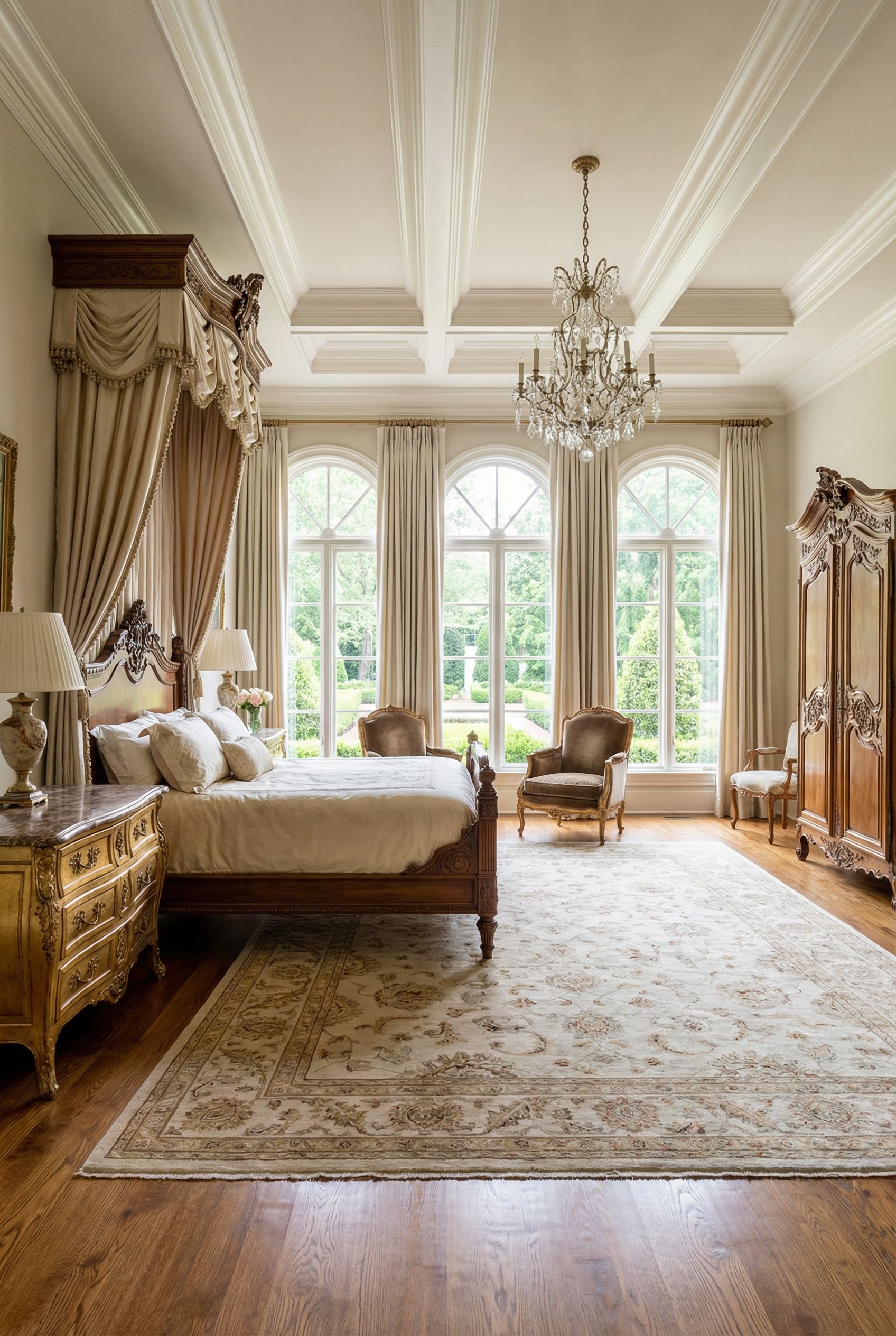 Luxury Primary Bedroom Showcasing Antique French Furniture Pieces