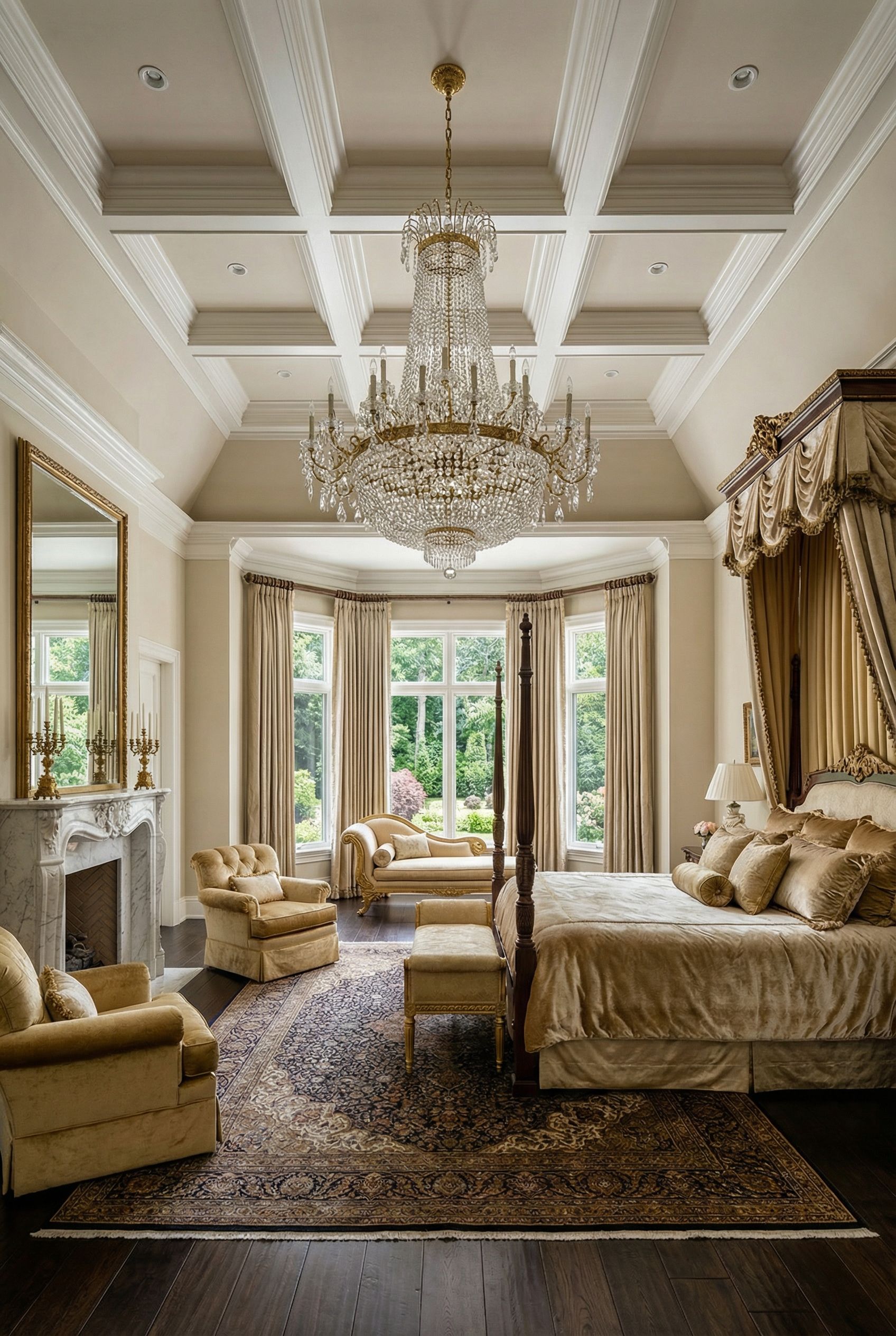 Luxury Primary Bedroom Showcasing Crystal Chandelier Centerpiece