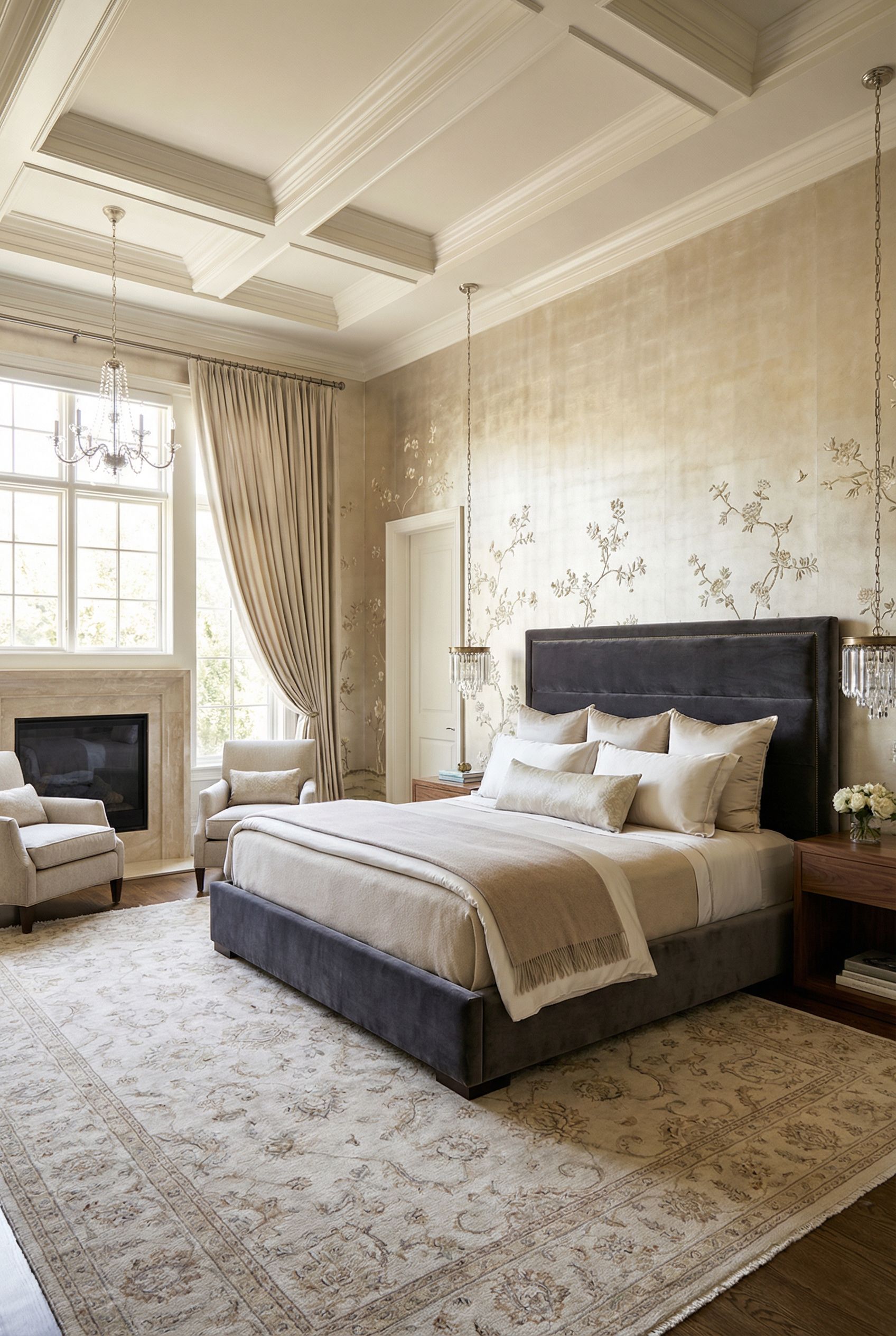 Luxury Primary Bedroom with Custom Silk Wallcoverings