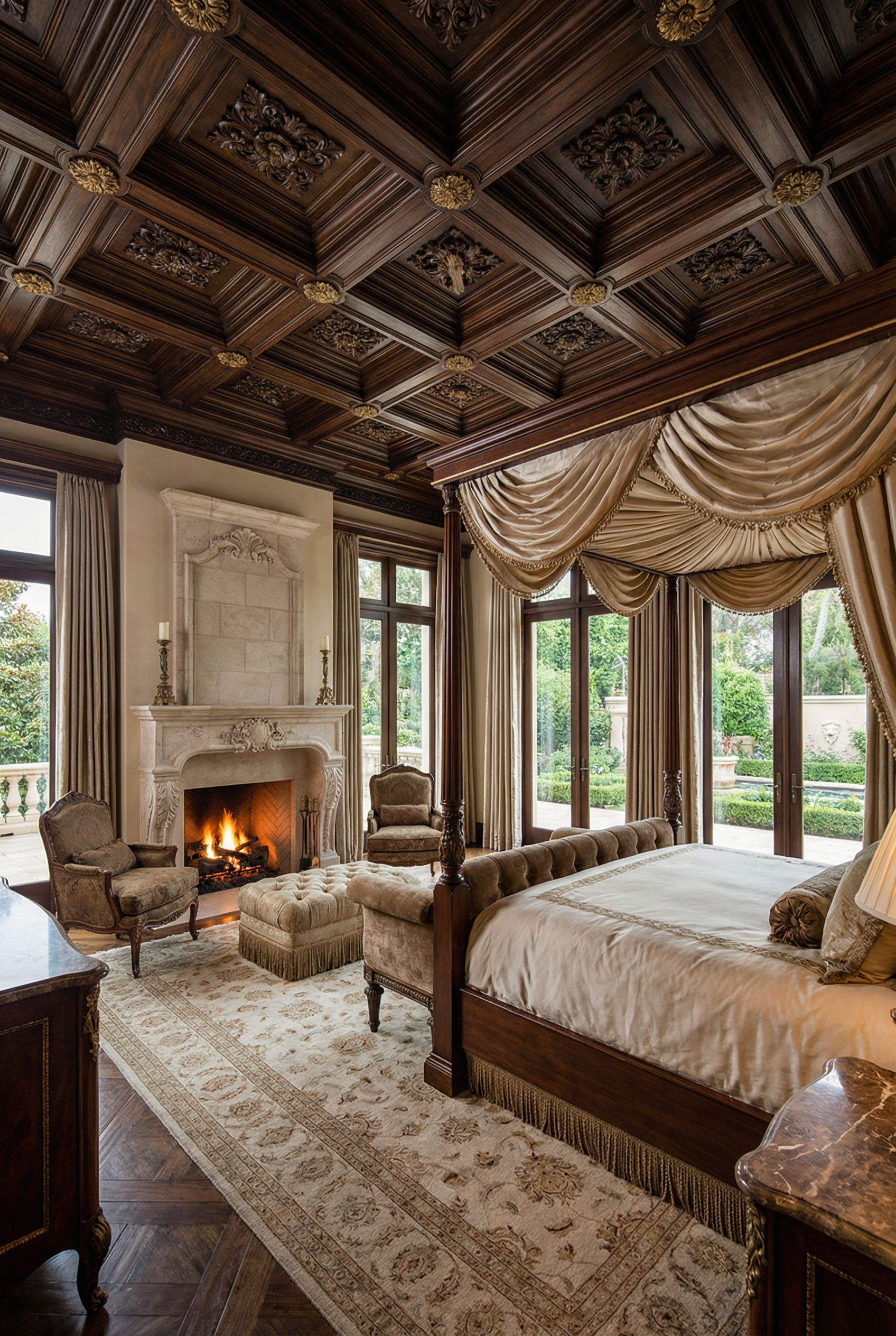 Luxury Primary Bedroom with Hand-Carved Wood Ceiling Details