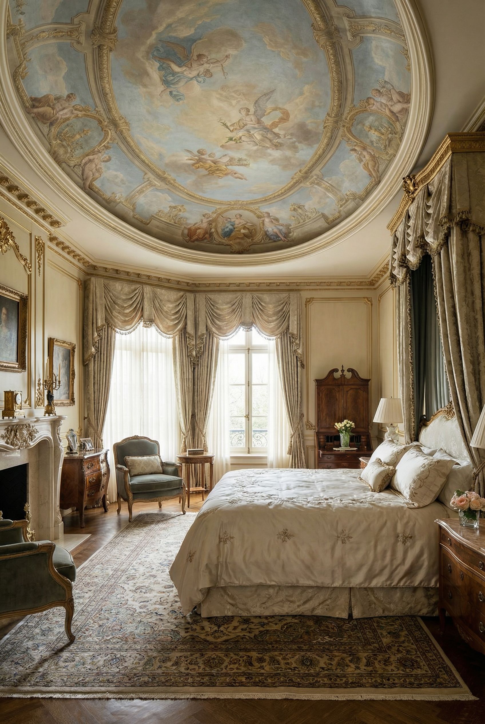 Luxury Primary Bedroom with Hand-Painted Ceiling Murals