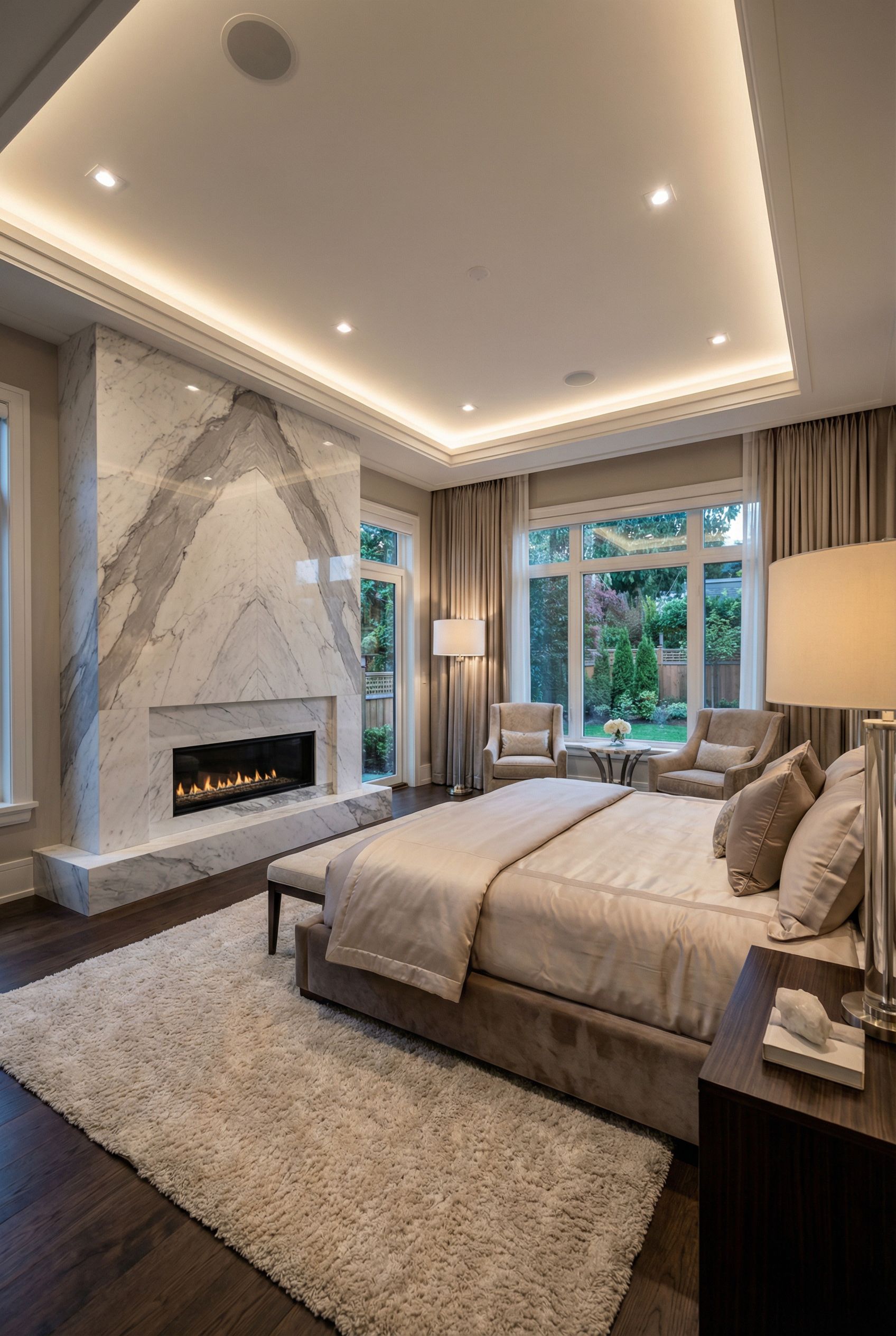 Luxury Primary Bedroom with Italian Marble Fireplace