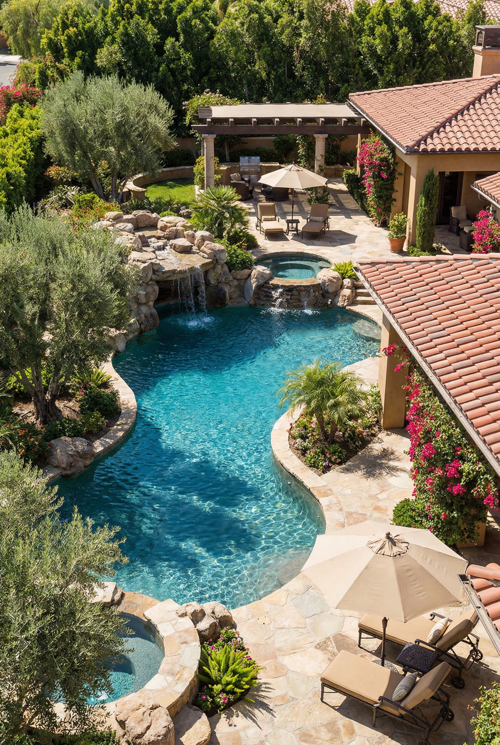 Mediterranean Luxury Backyard Pool with Grottos