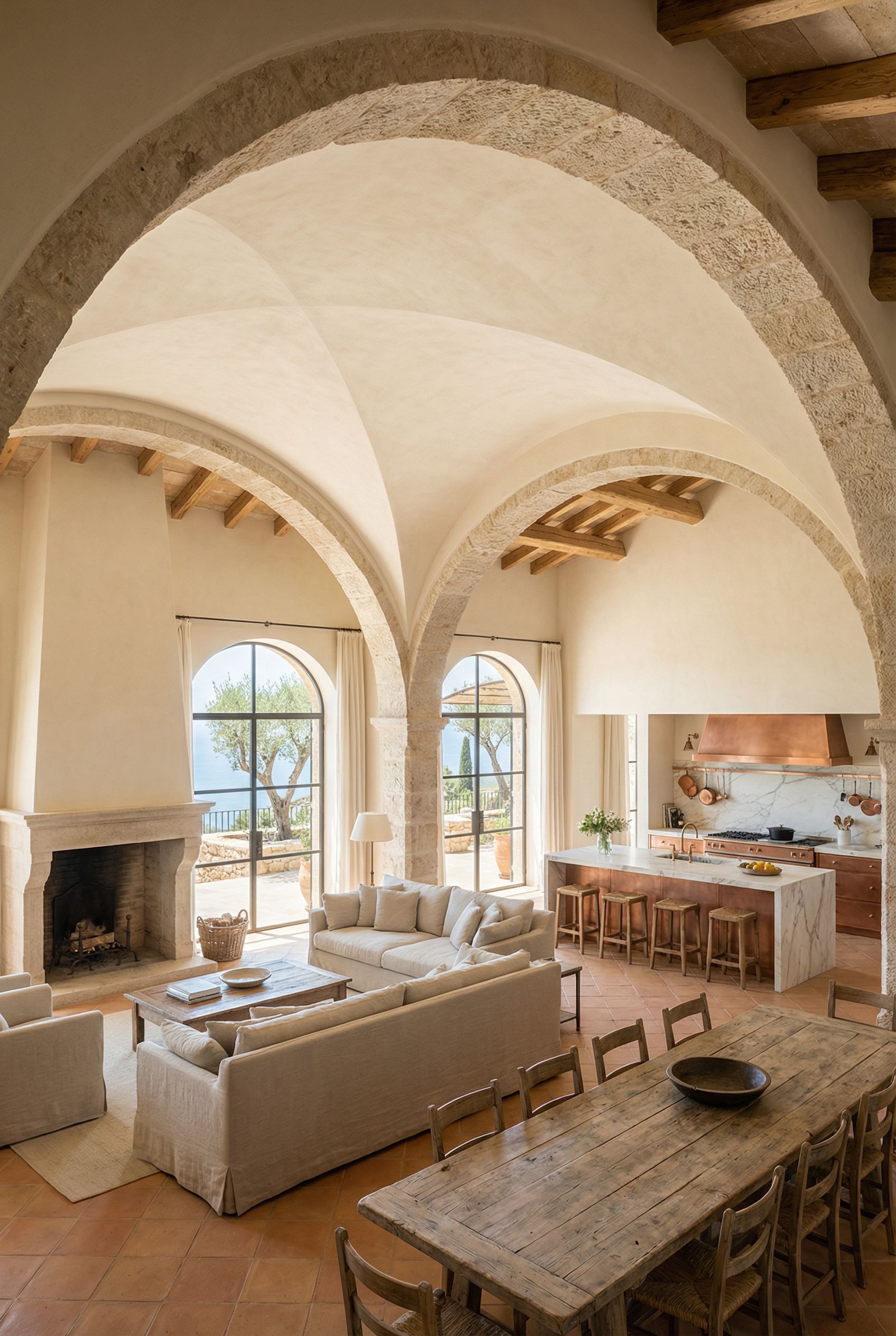 Mediterranean Villa Great Room with Vaulted Arches