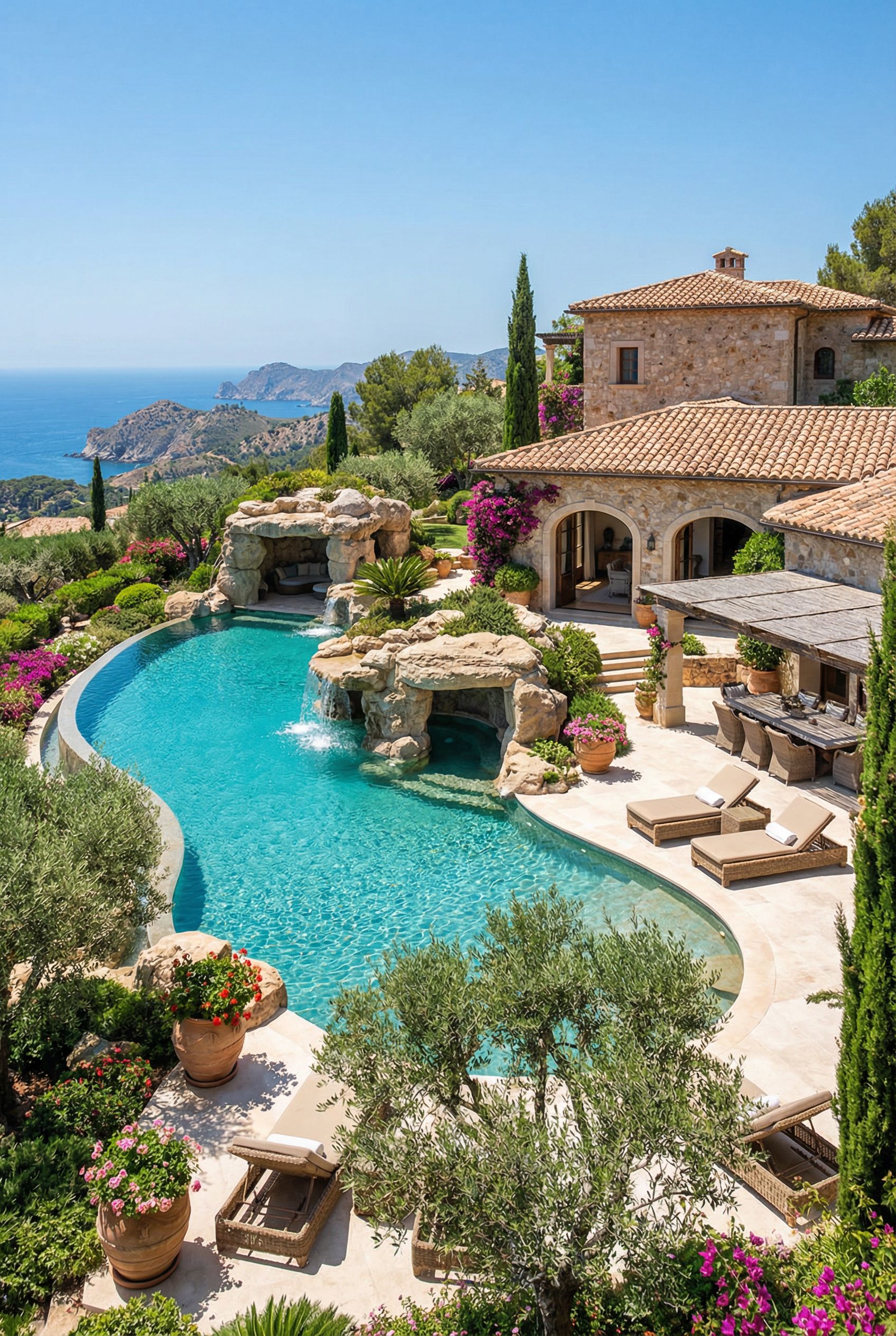 Mediterranean Villa Luxury Pool with Grottos