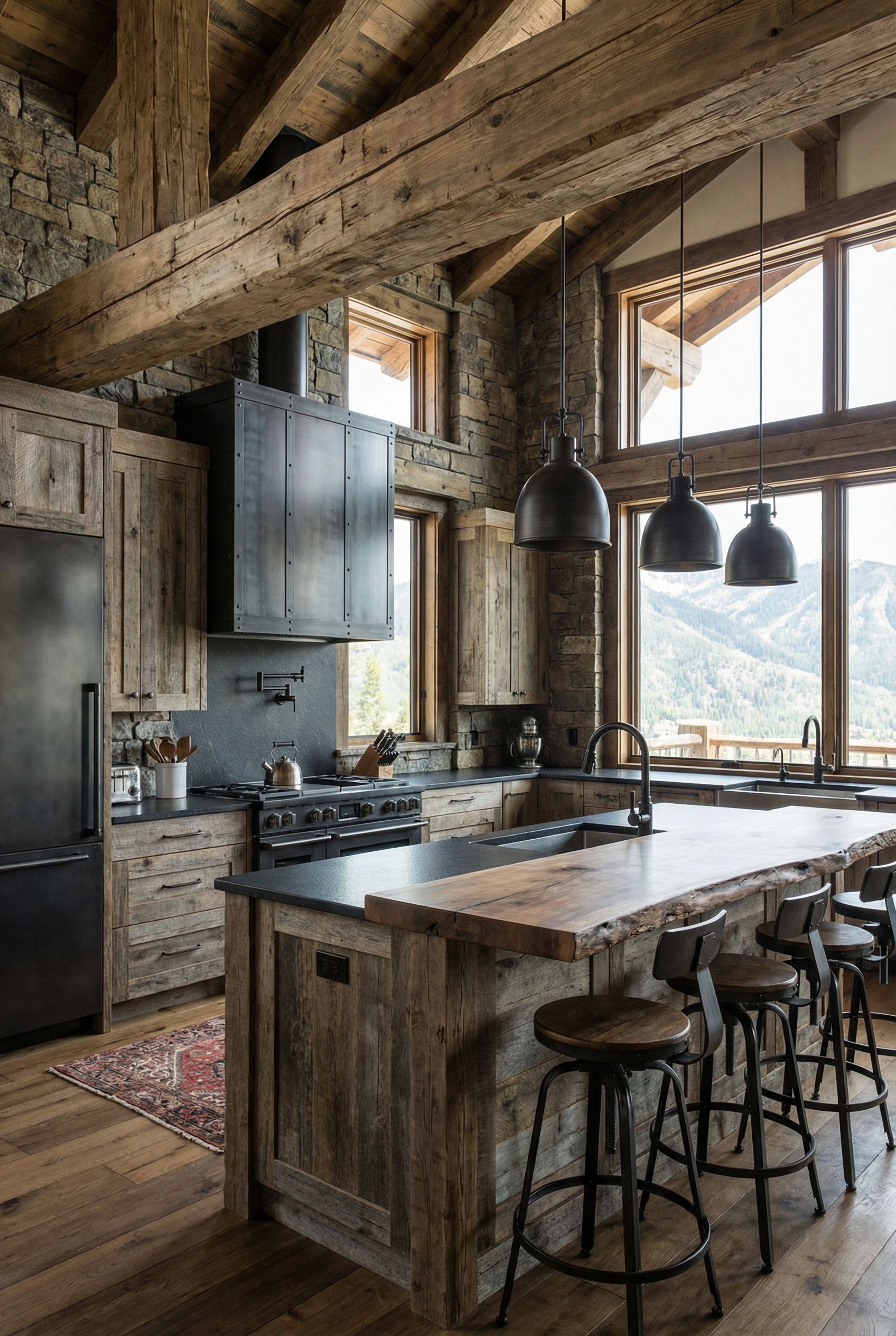 Modern Chalet-Style Rustic Kitchen with Industrial Steel Fixtures