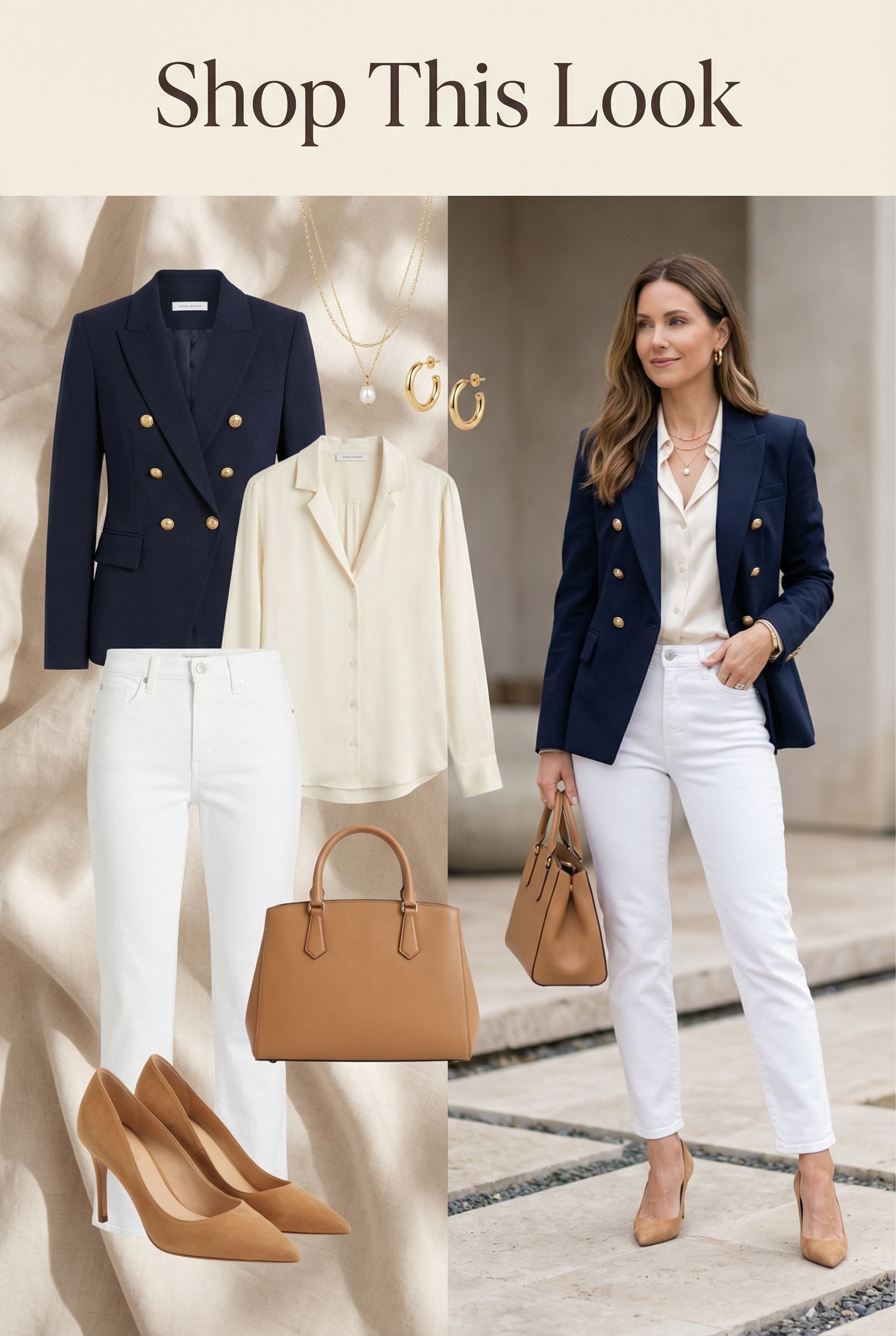 Modern Navy Blazer Evening Look with White Denim