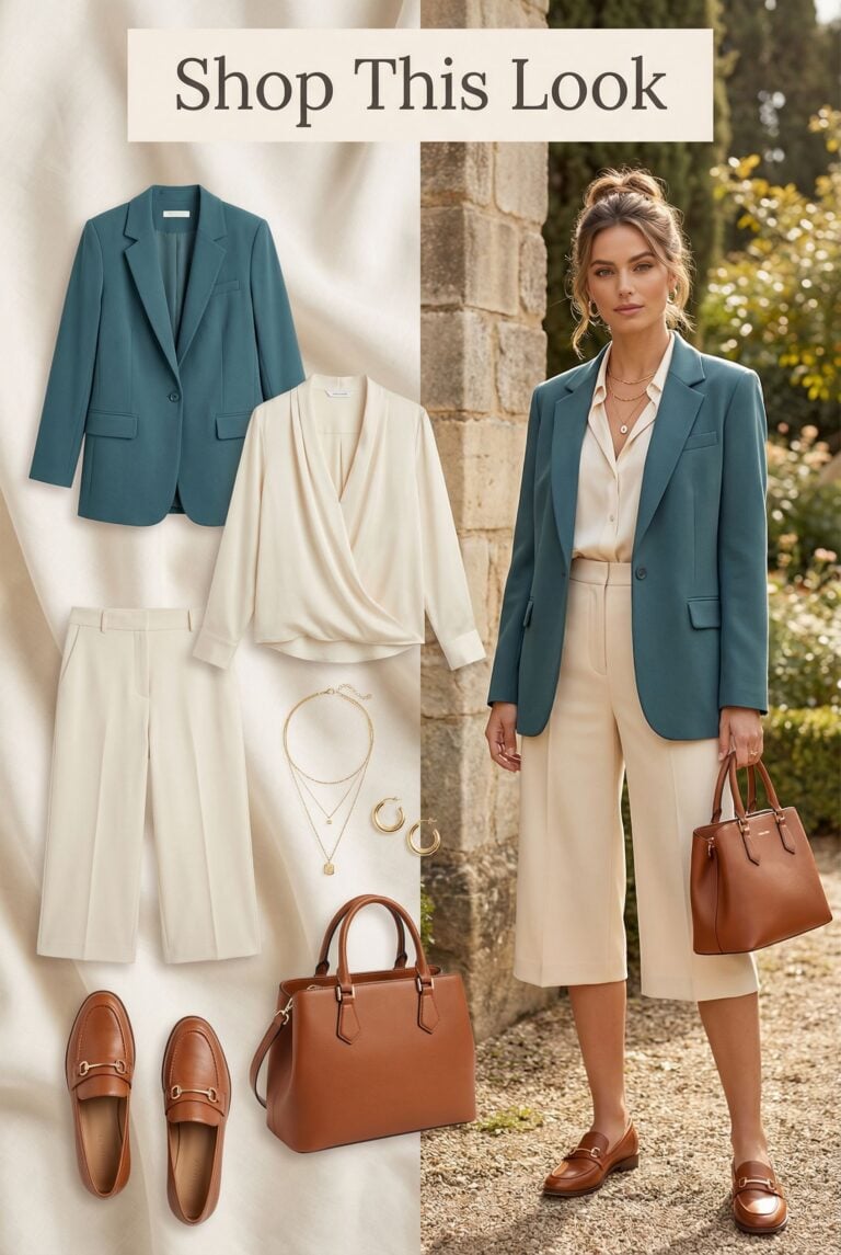 Modern Teal Blazer Smart Casual Ensemble with Culottes and Loafers