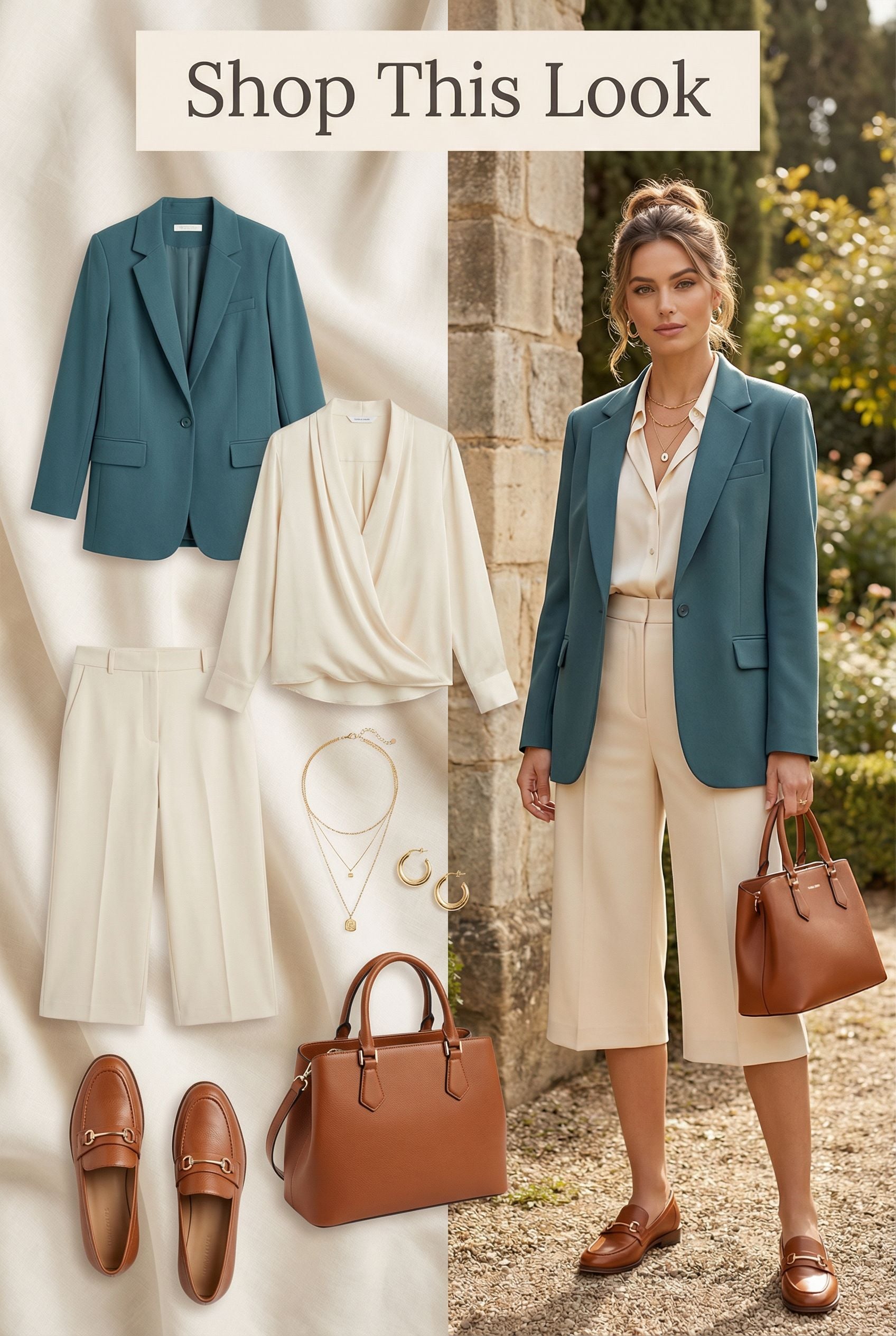 Modern Teal Blazer Smart Casual Ensemble with Culottes and Loafers - Shop This Look