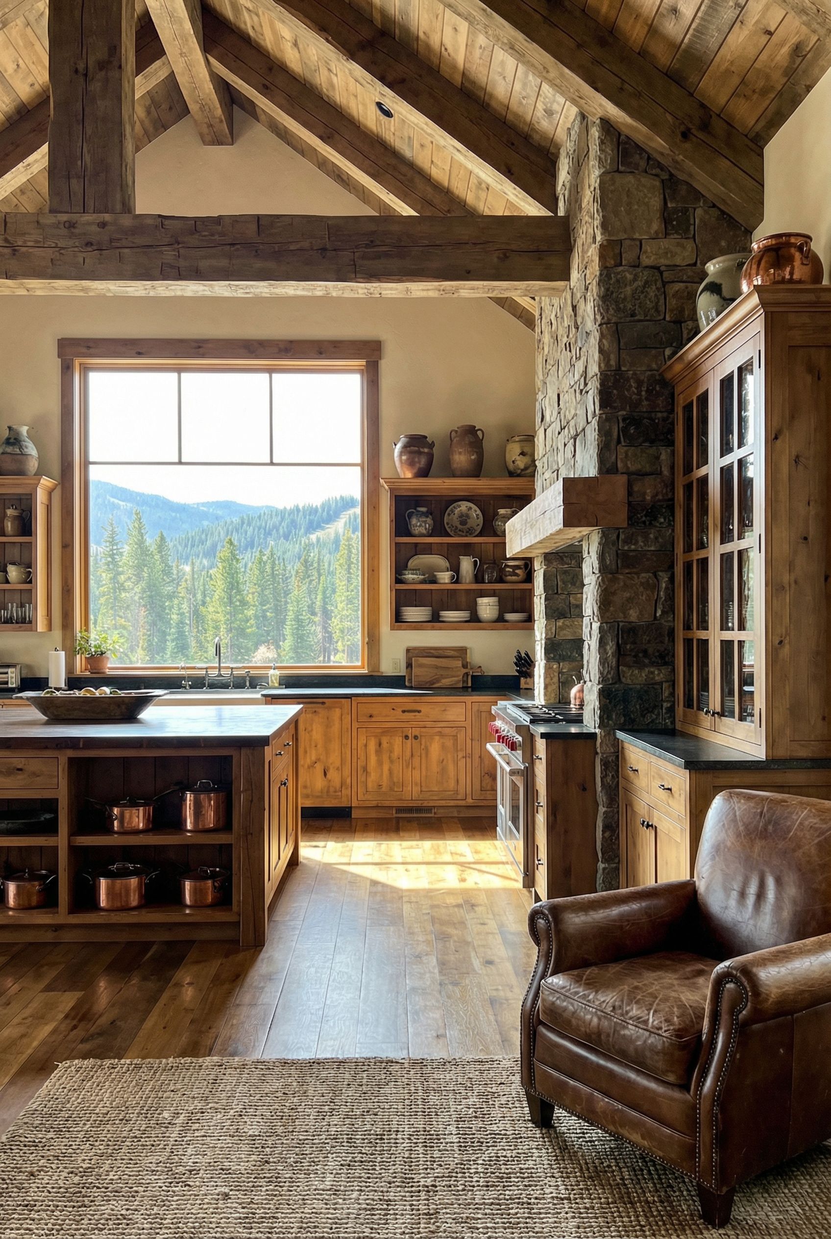 Mountain Lodge Chalet-Style Rustic Kitchen with Stone Fireplace