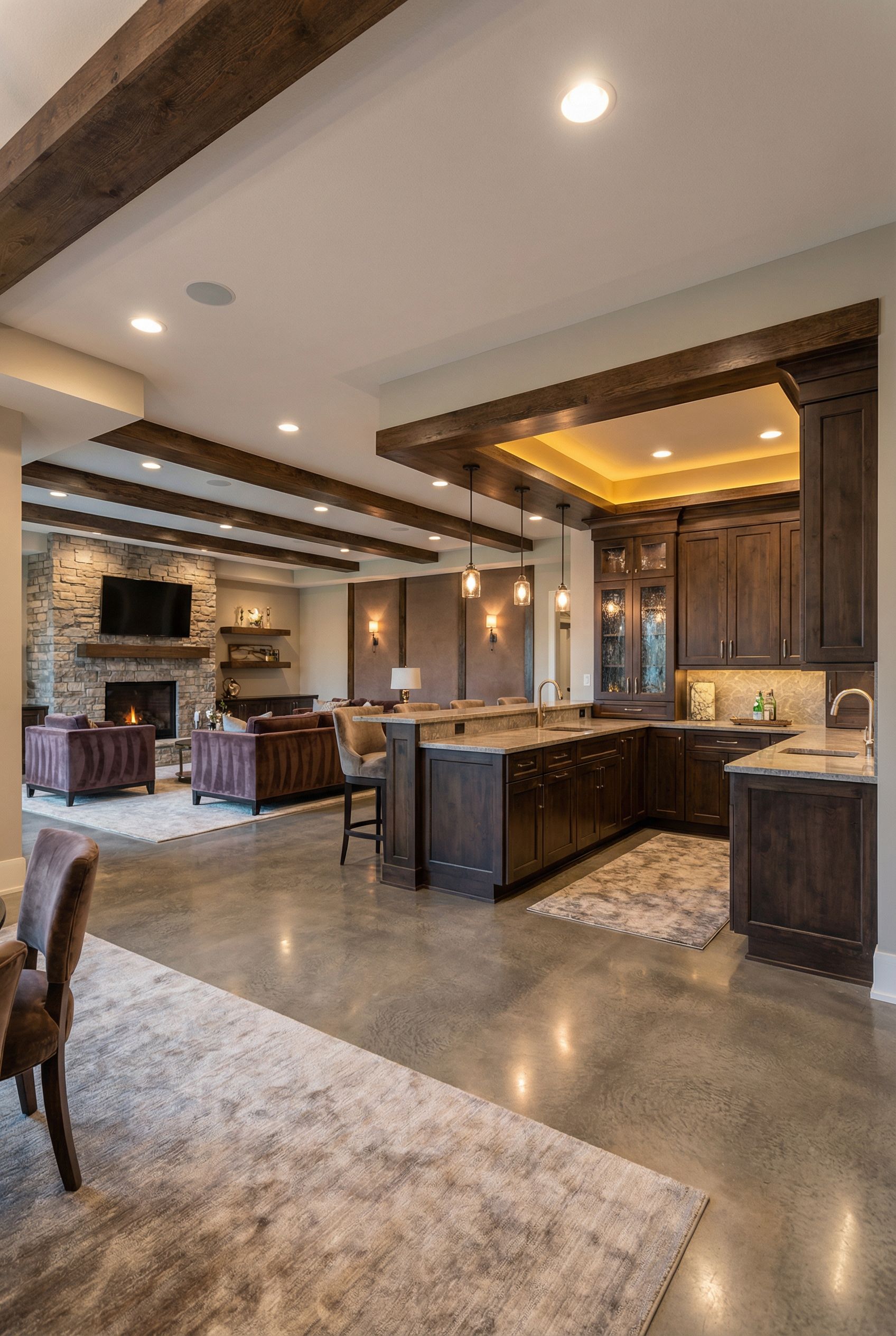 Open Concept Basement Design with Full Bar