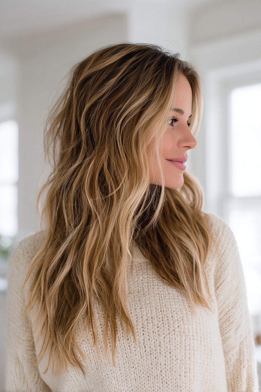 photorealistic image of long hair styled in easy layered waves, 40 year old woman, attractive but not model posing, low-effort chic style