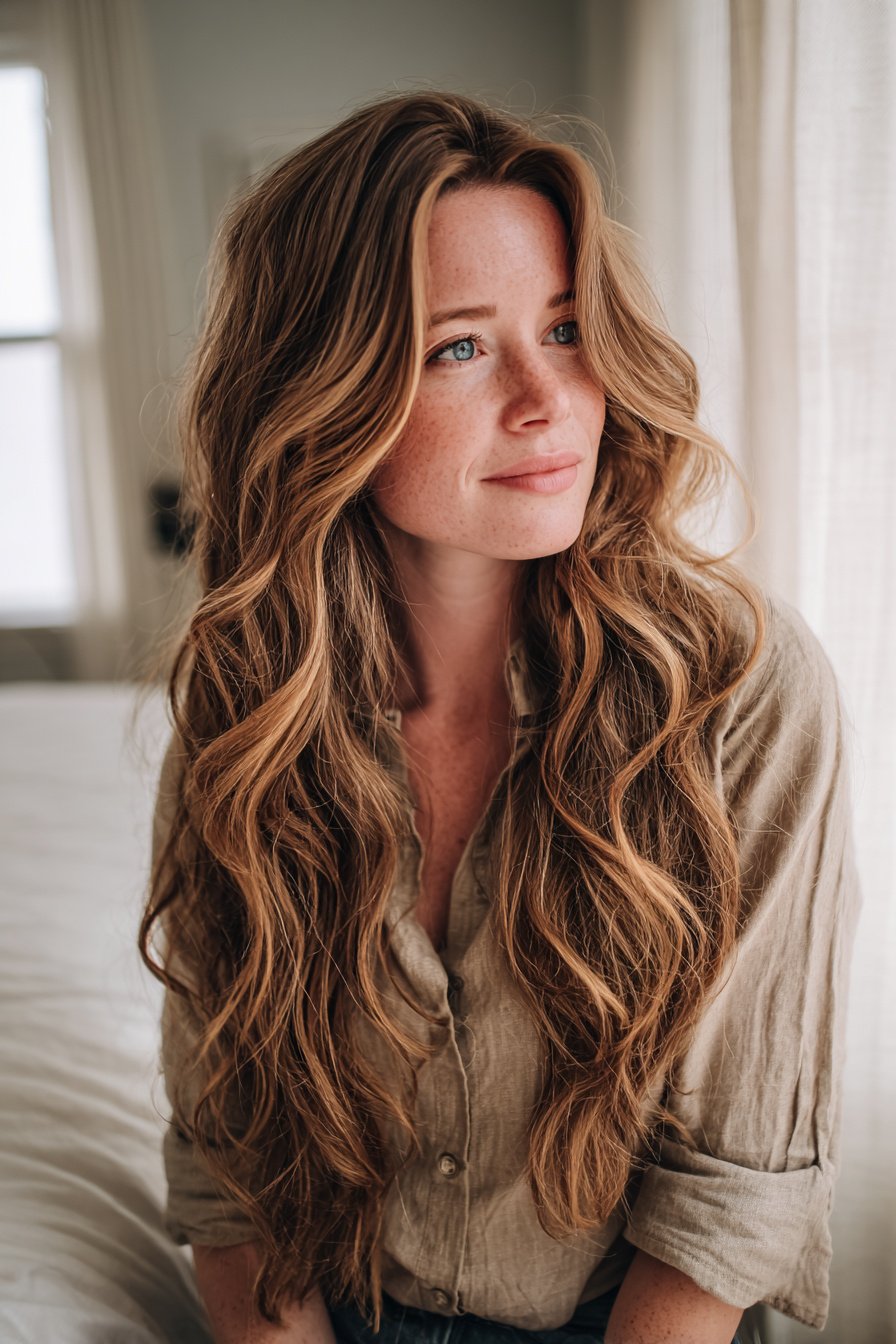 photorealistic image of long hair styled in relaxed loose waves, 40 year old woman, attractive but not model posing, unfussy natural elegance