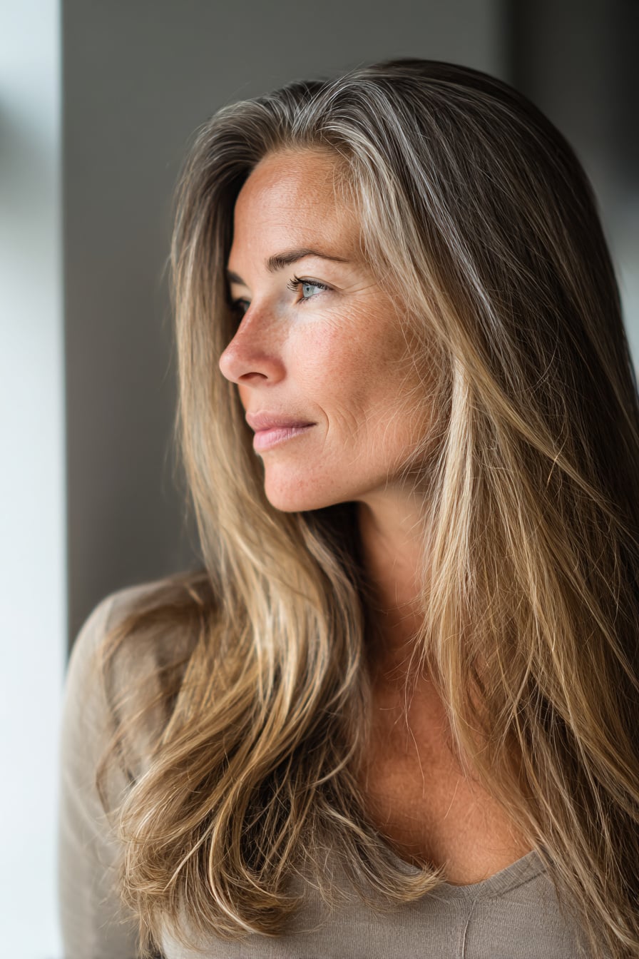 photorealistic image of long hair styled loose with subtle shine, 40 year old woman, attractive but not model posing, understated casual beauty